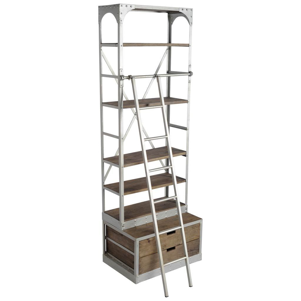 Brodie III Medium Brown Wood Silver Accent Four Shelf Shelving Unit