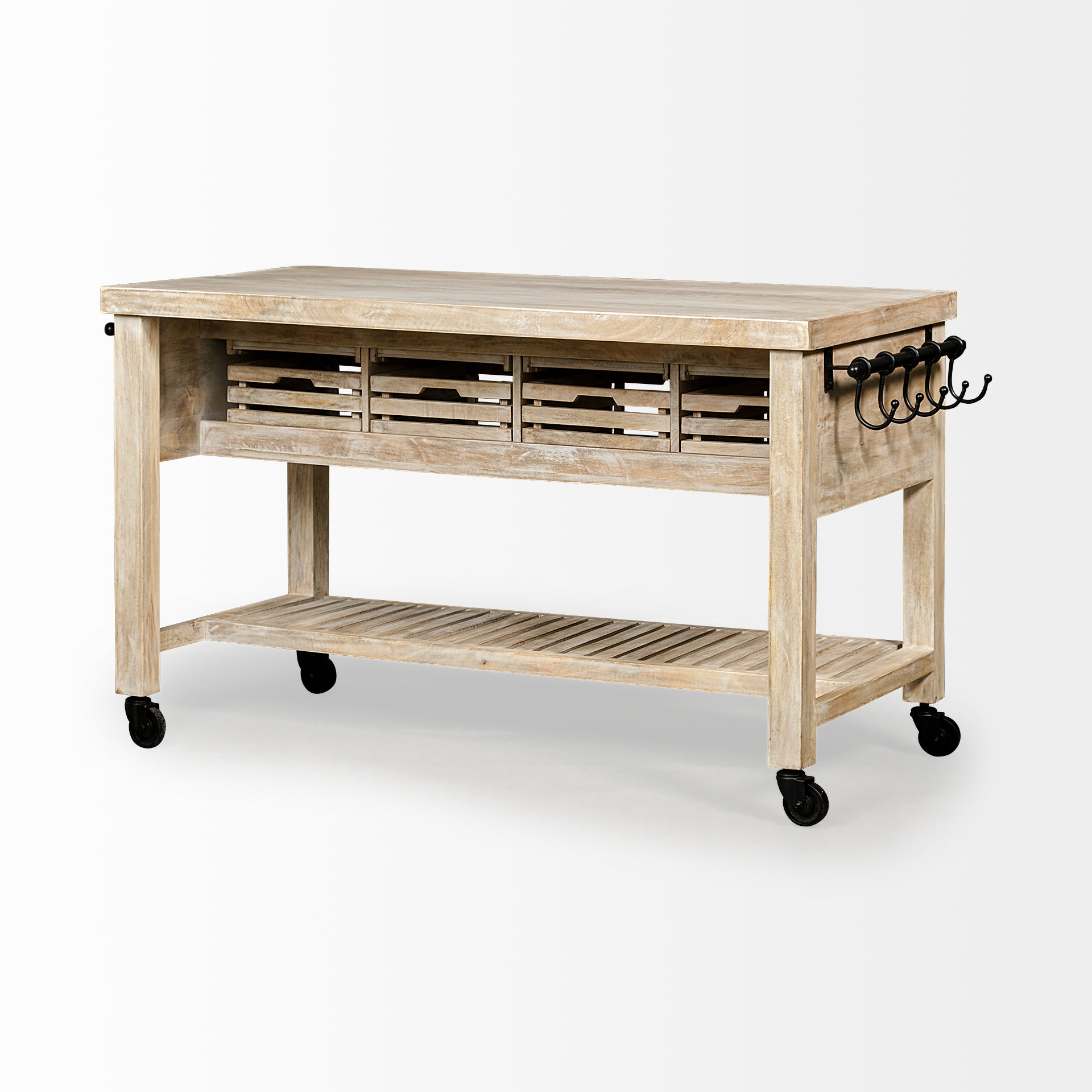 Columbia I Light Brown Body with Black Iron Knobs Rolling Kitchen Island
