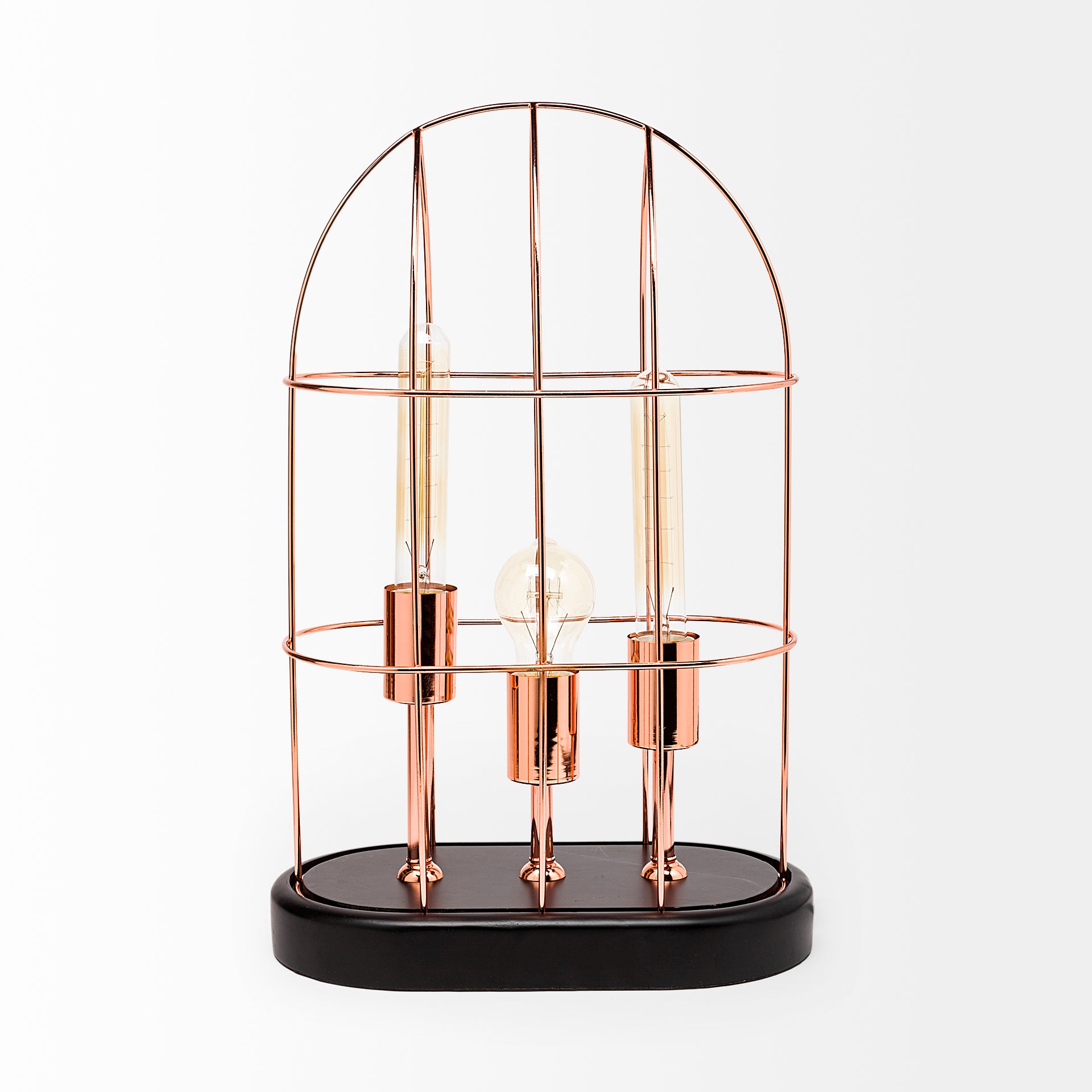 Sutton Rose-Gold Metal Cylindrical Cage Three Bulb Table Lamp
