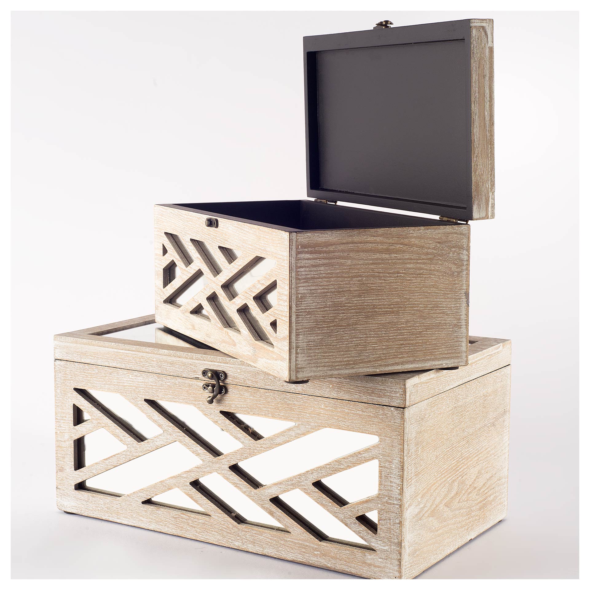 Tiffany Off-White Wooden with Mirror Inlay Chevron Boxes - Set of 2