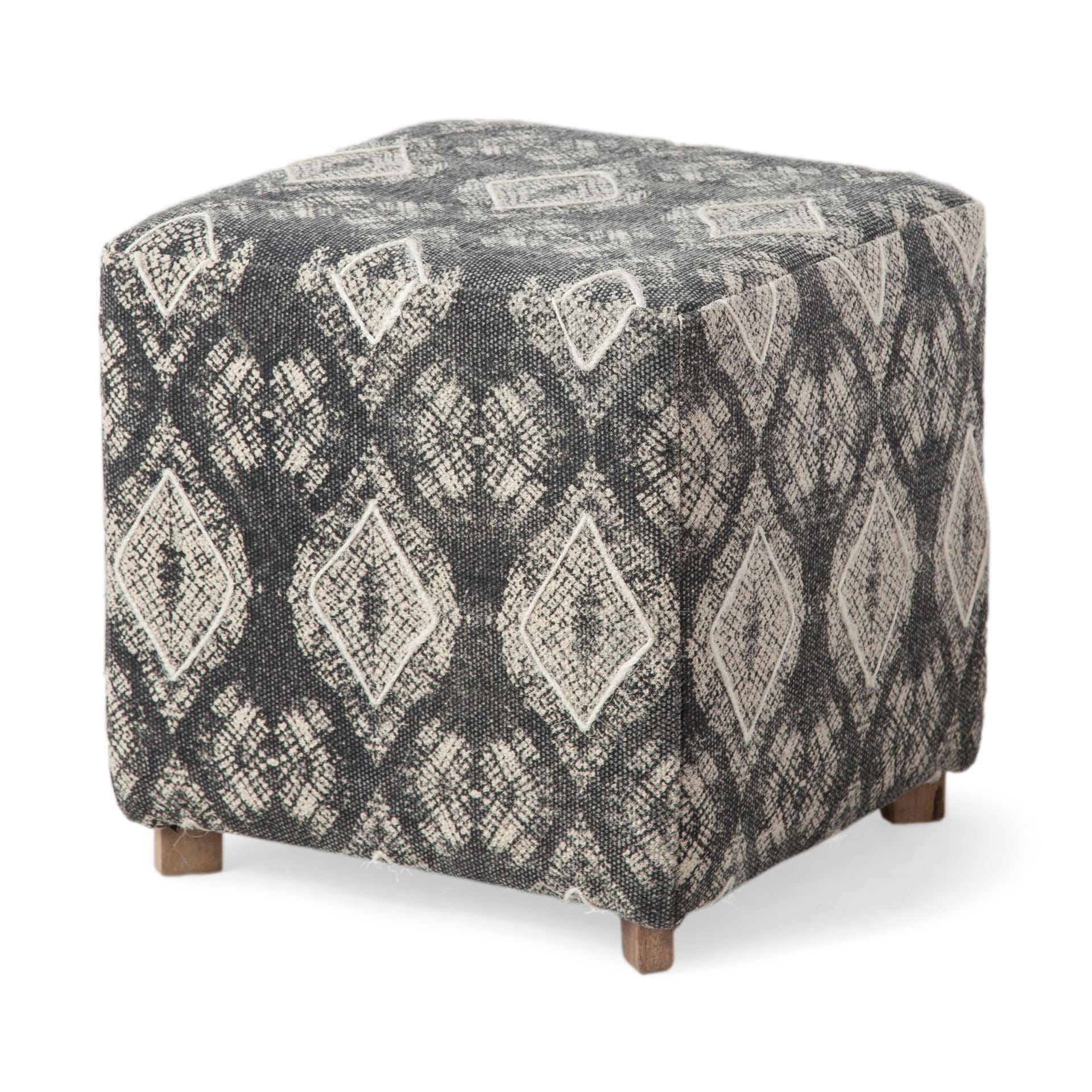 Pallu 18.75"H Dhurrie Cotton Cover with Four Wooden Legs Ottoman