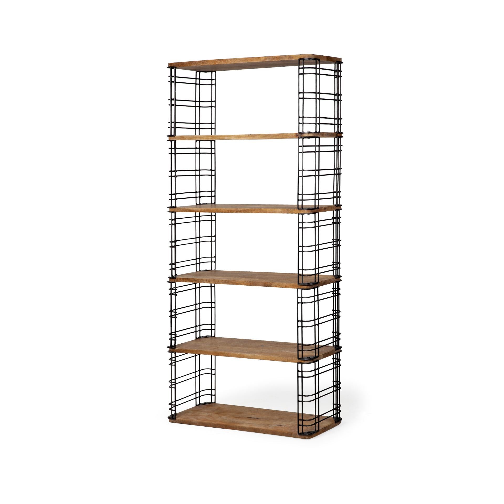 Bradie Brown Wood and Metal Frame Six Shelf Shelving Unit