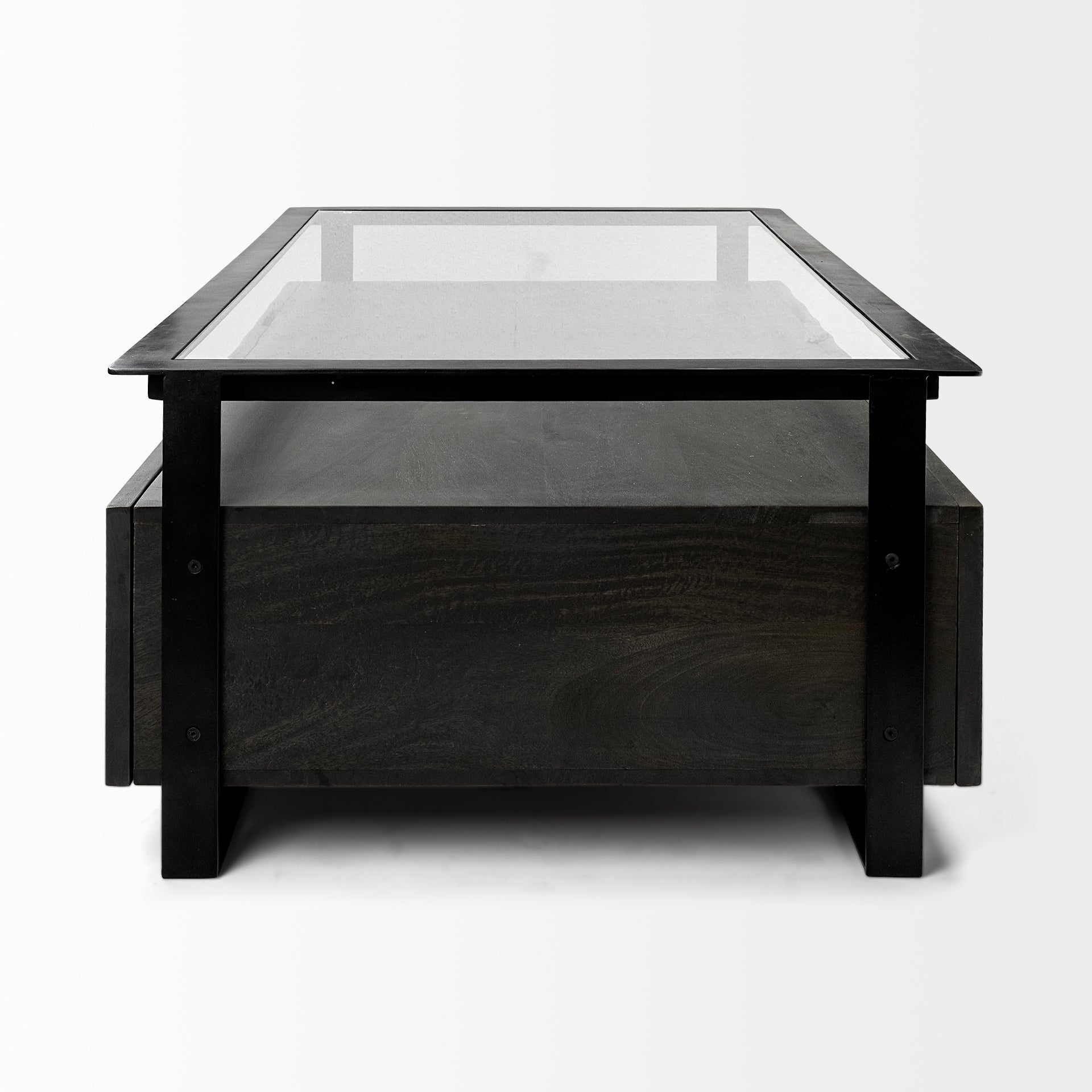 Vidro Rectangular Glass Top Black Solid Wood Drawers & Black Frame Coffee Table