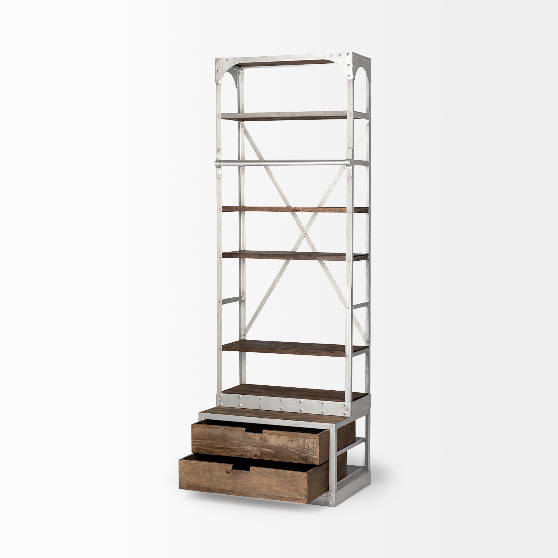 Brodie III Medium Brown Wood Silver Accent Four Shelf Shelving Unit