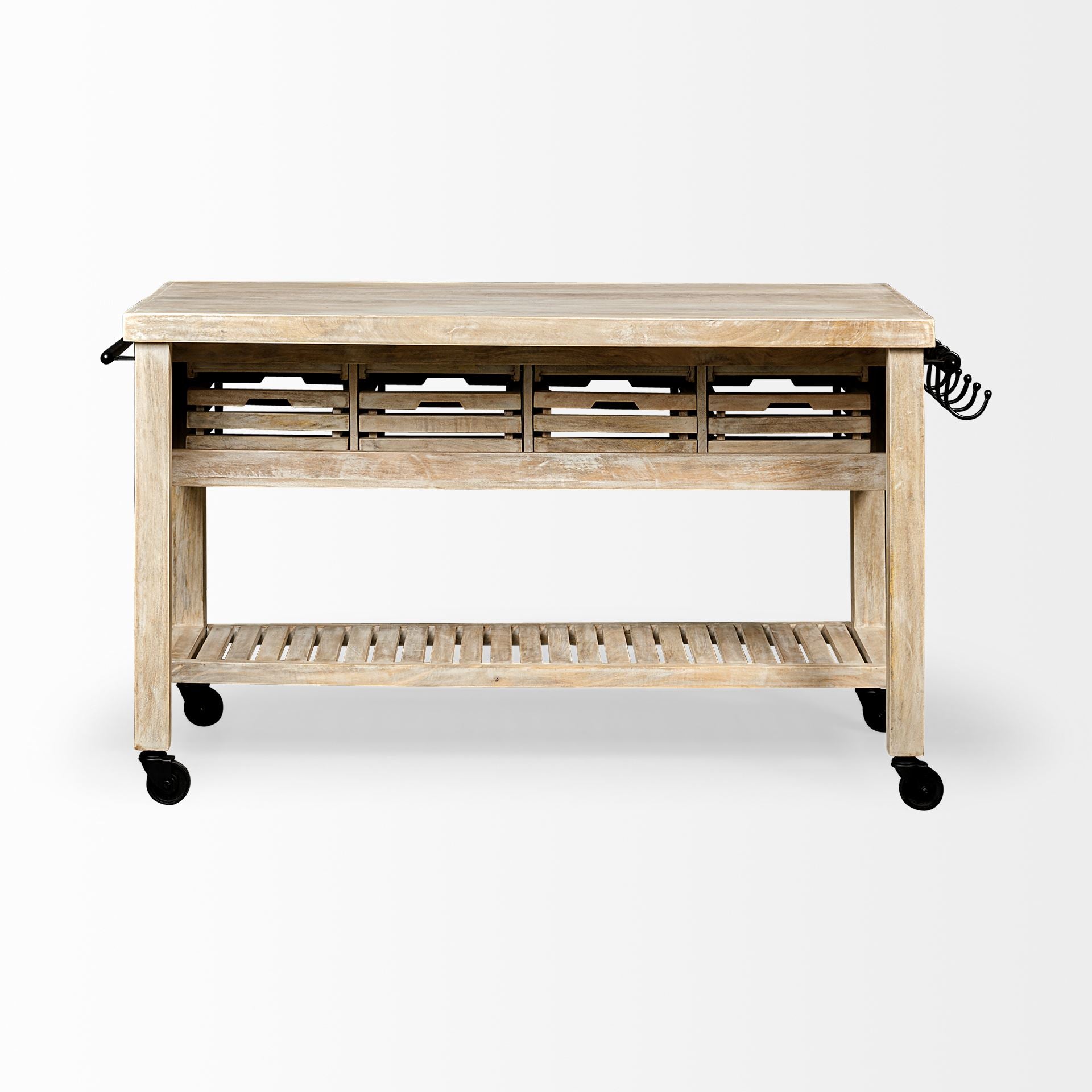 Columbia I Light Brown Body with Black Iron Knobs Rolling Kitchen Island