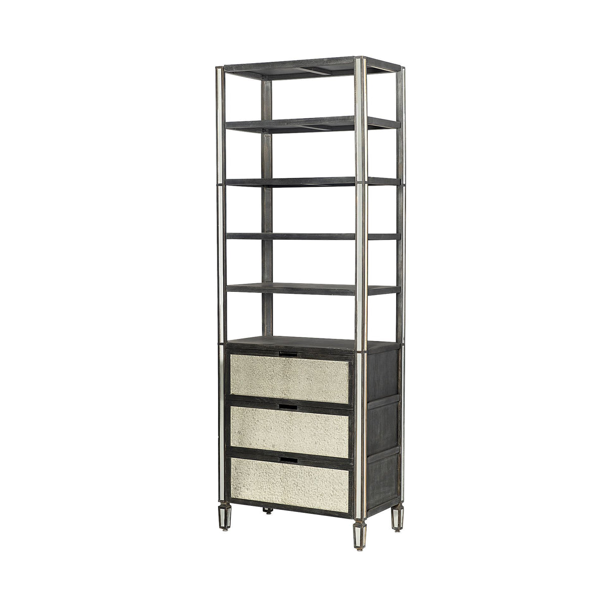 Sunnyvale Dark Brown Solid Wood and Mirrored Glass Four Shelf Shelving Unit by Mercana