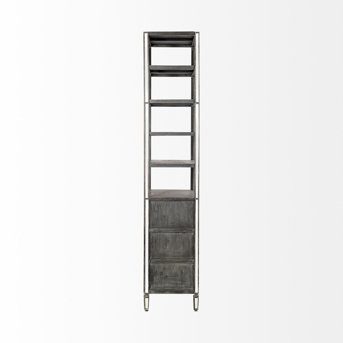 Sunnyvale Dark Brown Solid Wood and Mirrored Glass Four Shelf Shelving Unit by Mercana