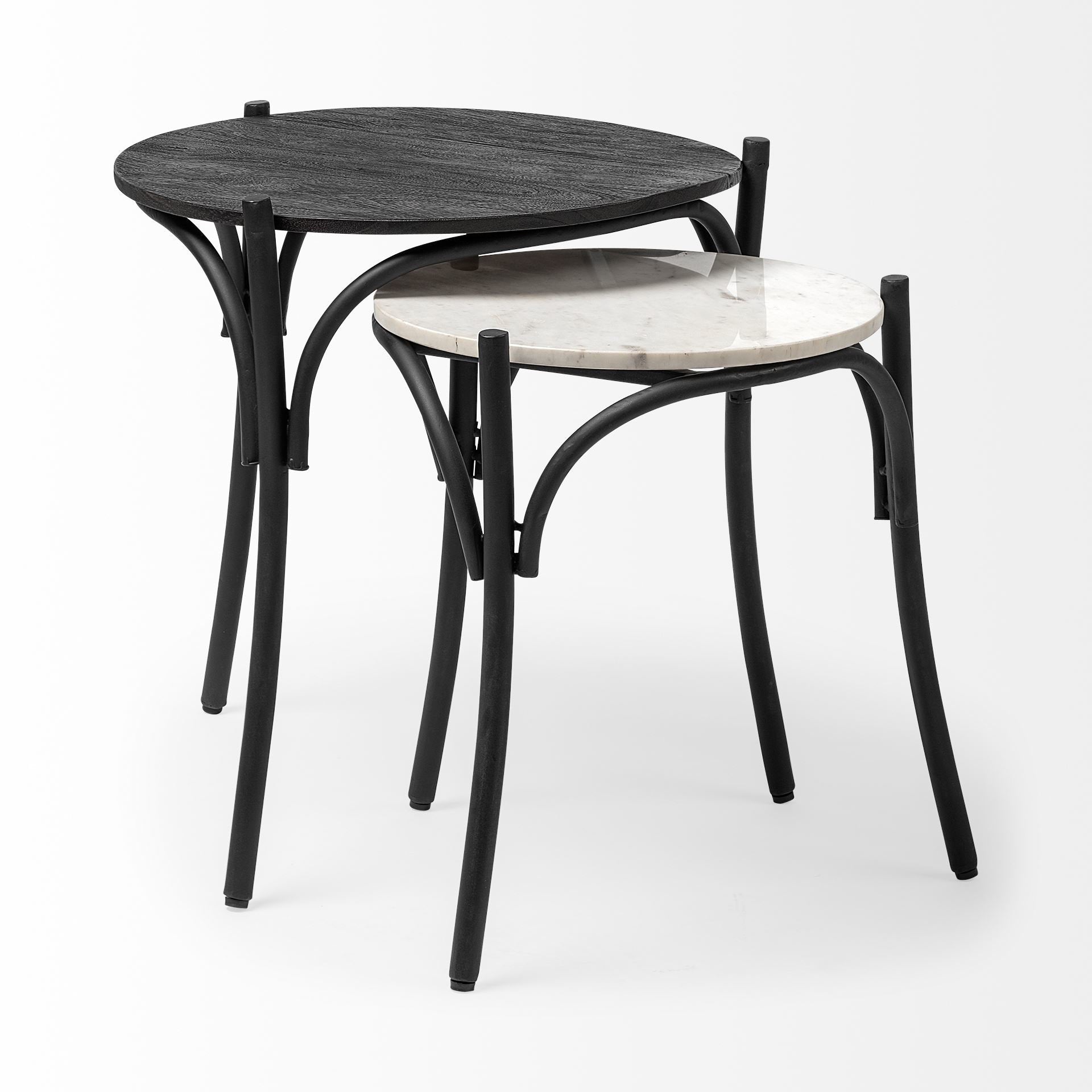 Etienne VII 24" Round Top Black Wood and Marble Top Nesting Table - Set of Two