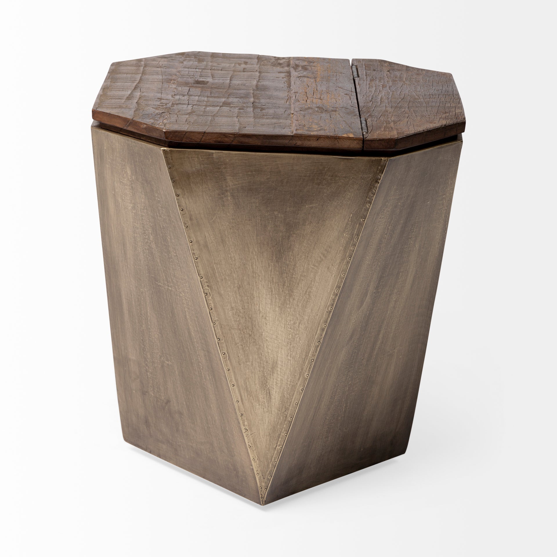 Esagono Octagonal Metal-Clad Reclaimed Wood End/Side Table with Storage