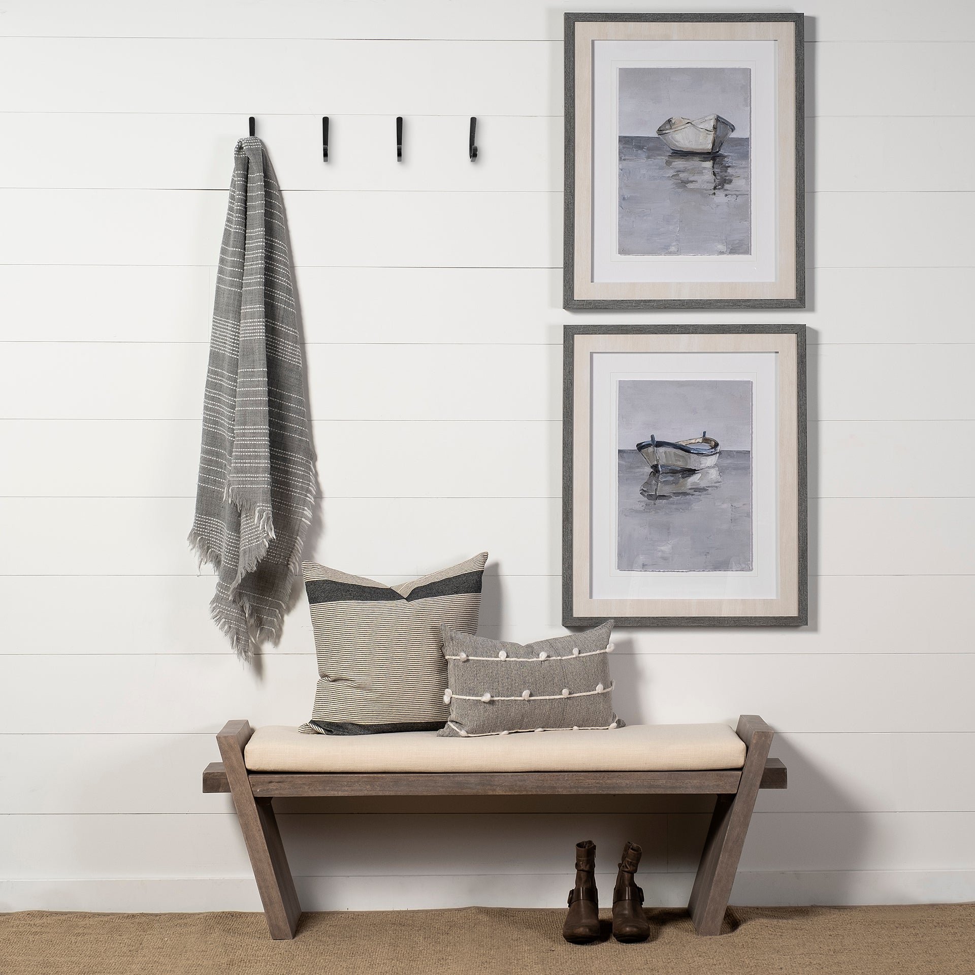 Elaine I Brown Wood Upholstered Cream Seat Entryway Bench