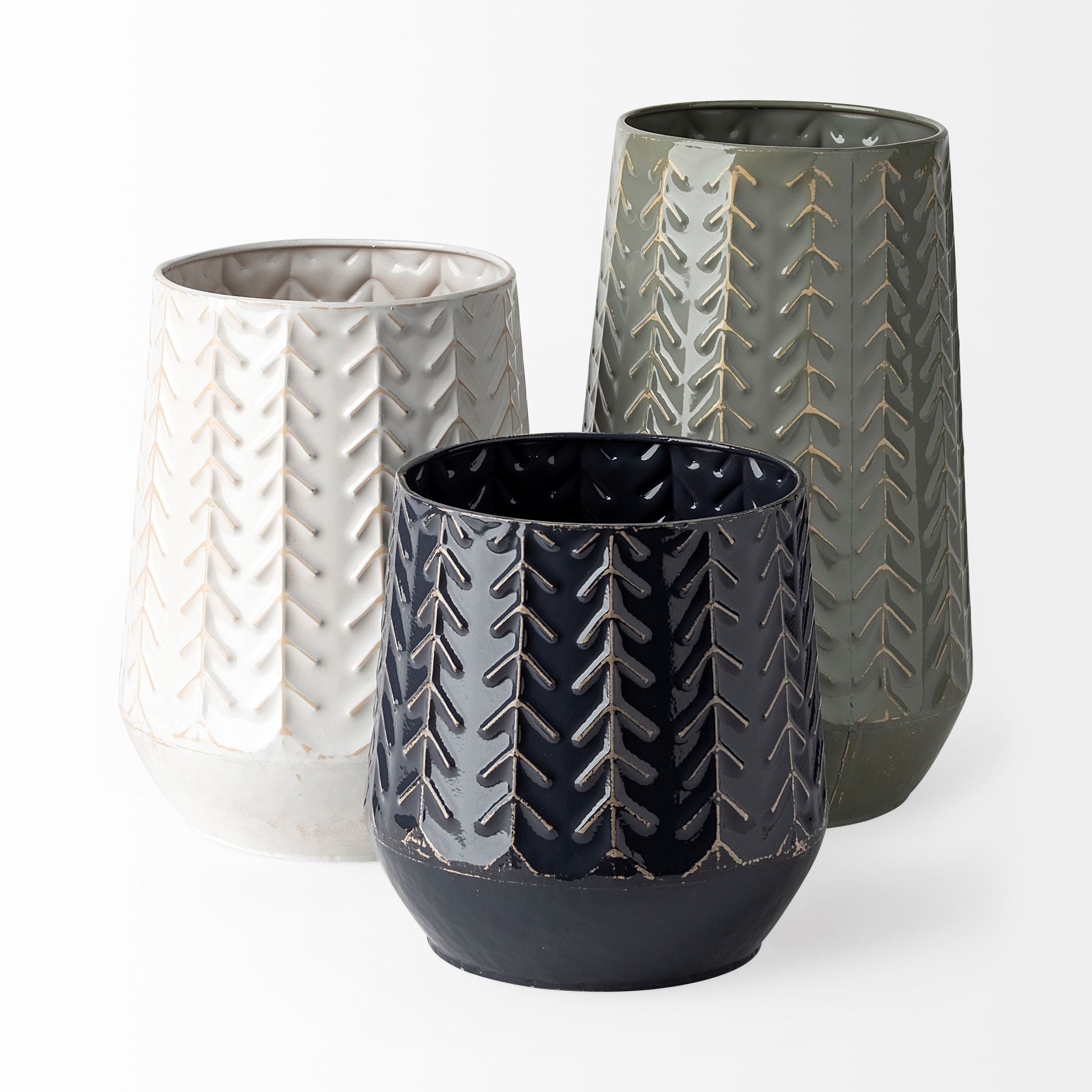 Gemma III Metal Glossy Green with Gray Chevron Vase