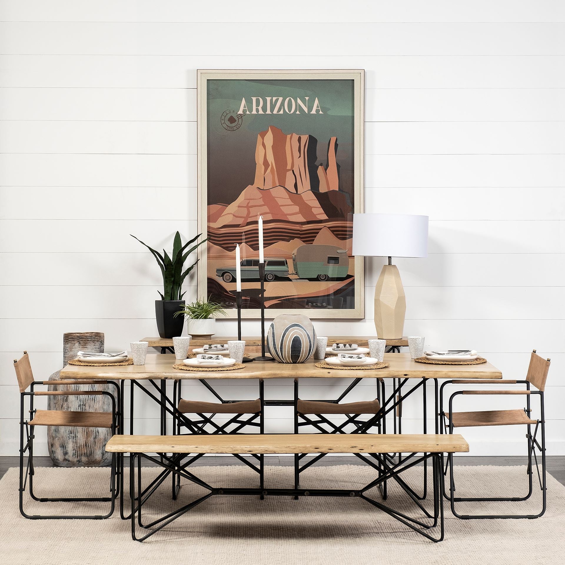 Papillion II Rectangular Blonde Live Edge Sold Wood Top Black Metal Base Dining Table