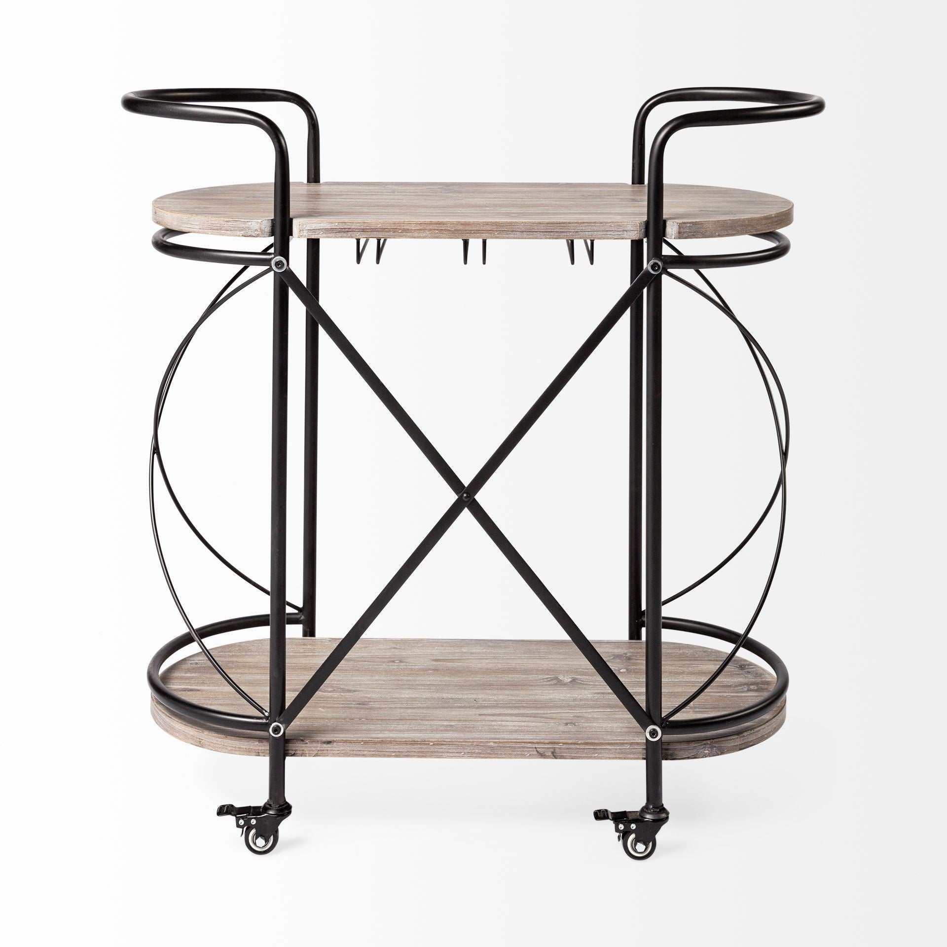 Marlon Black Metal Frame Two Tier Shelves with Stemware holder Bar Cart