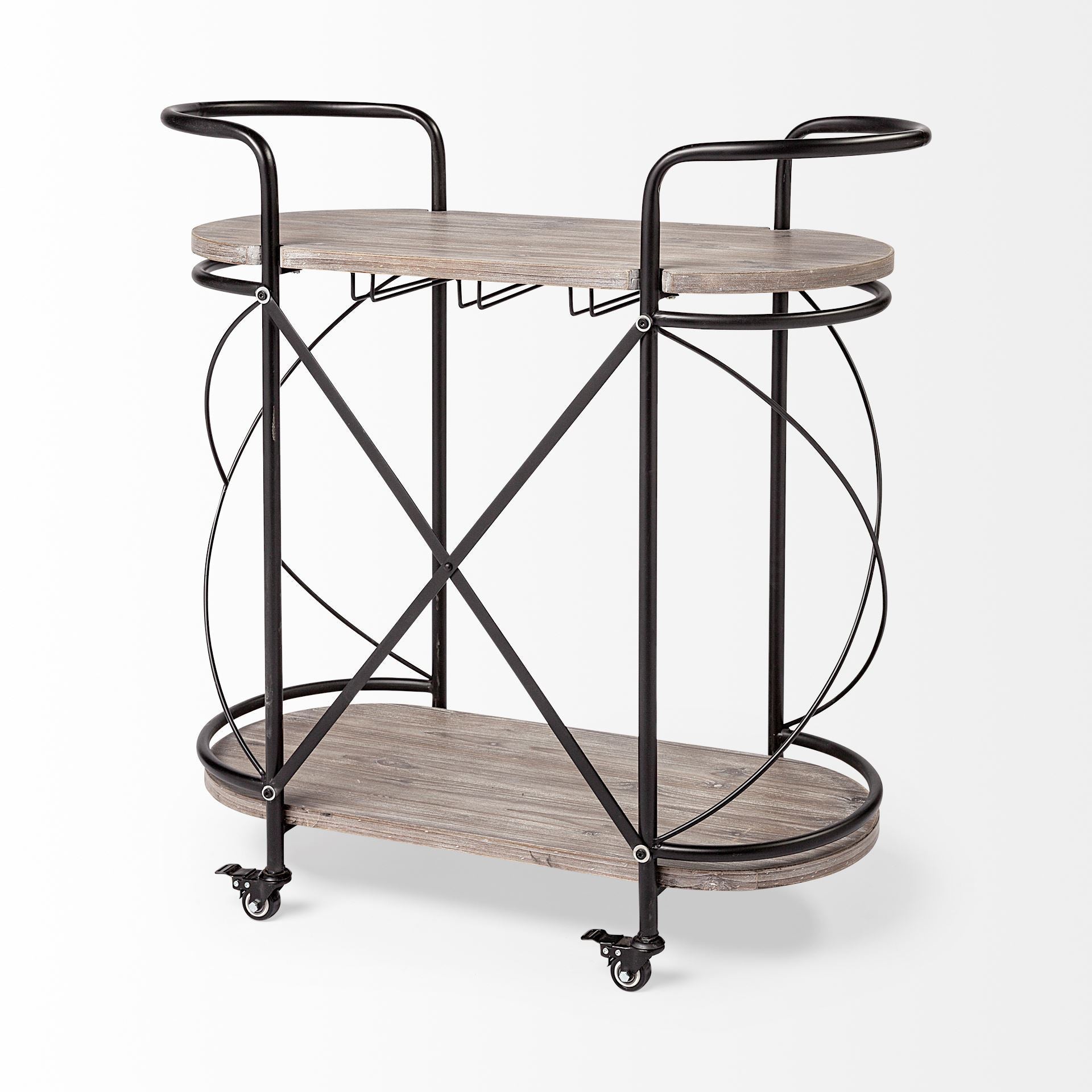 Marlon Black Metal Frame Two Tier Shelves with Stemware holder Bar Cart