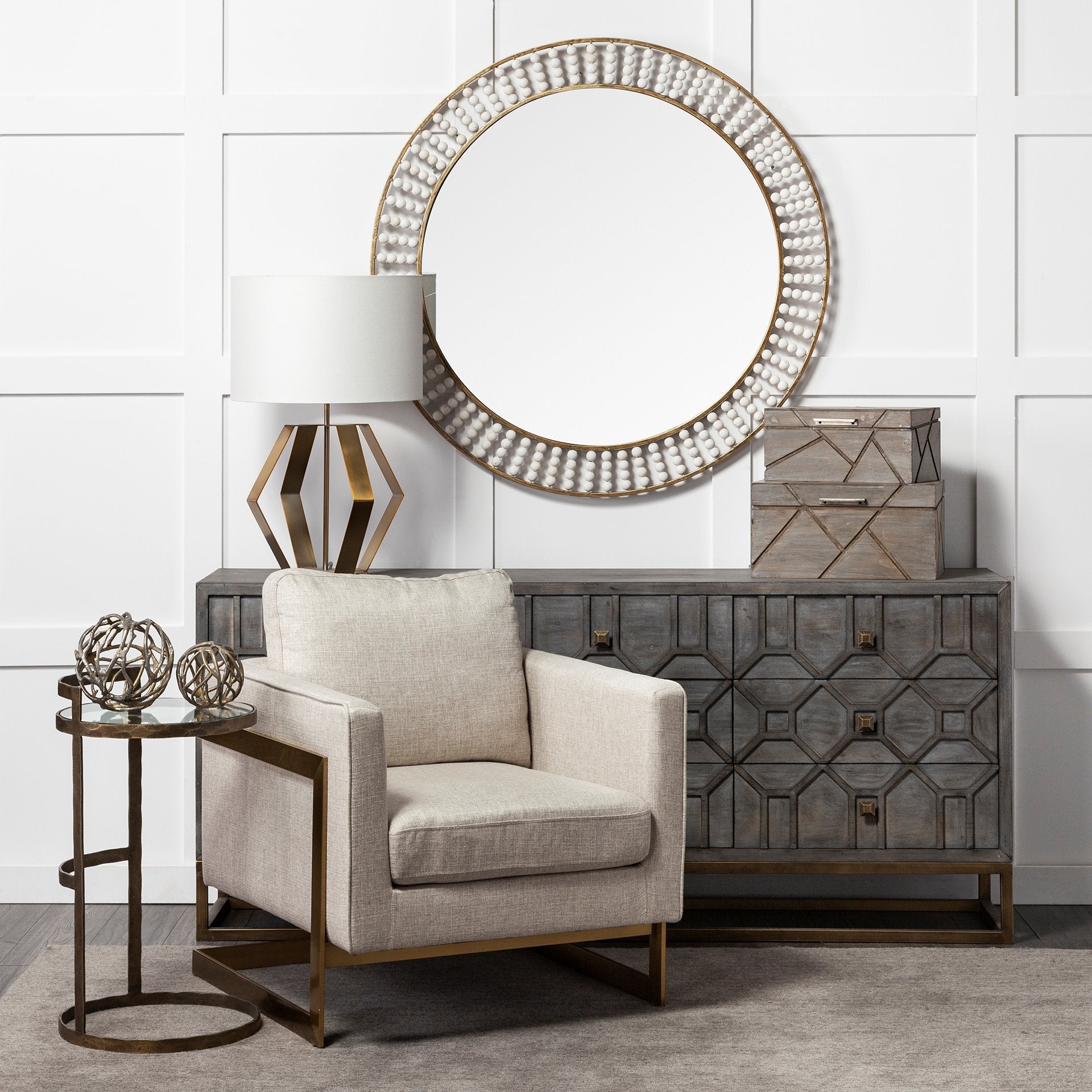 Genevieve II Gray Fir Veneer with Gold Metal Frame Base 9 Drawer Sideboard