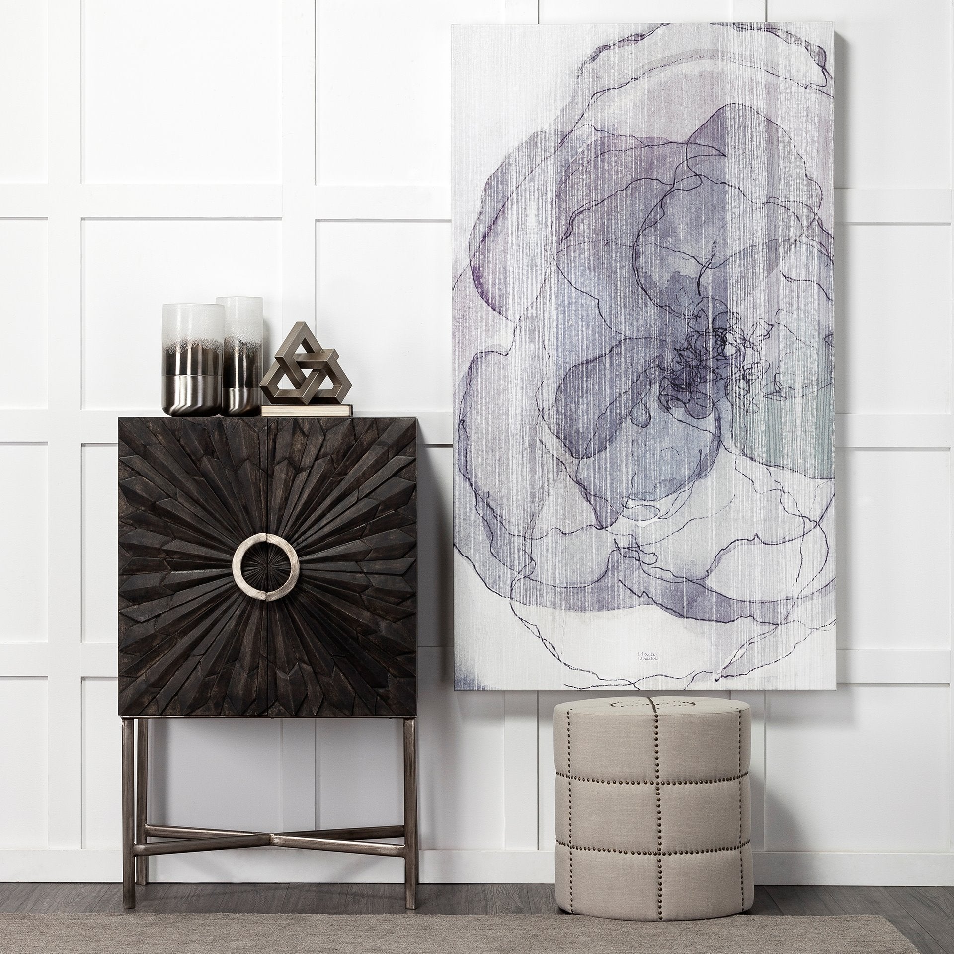 Beacon Cream Fabric with Metal Tacks Round Ottoman