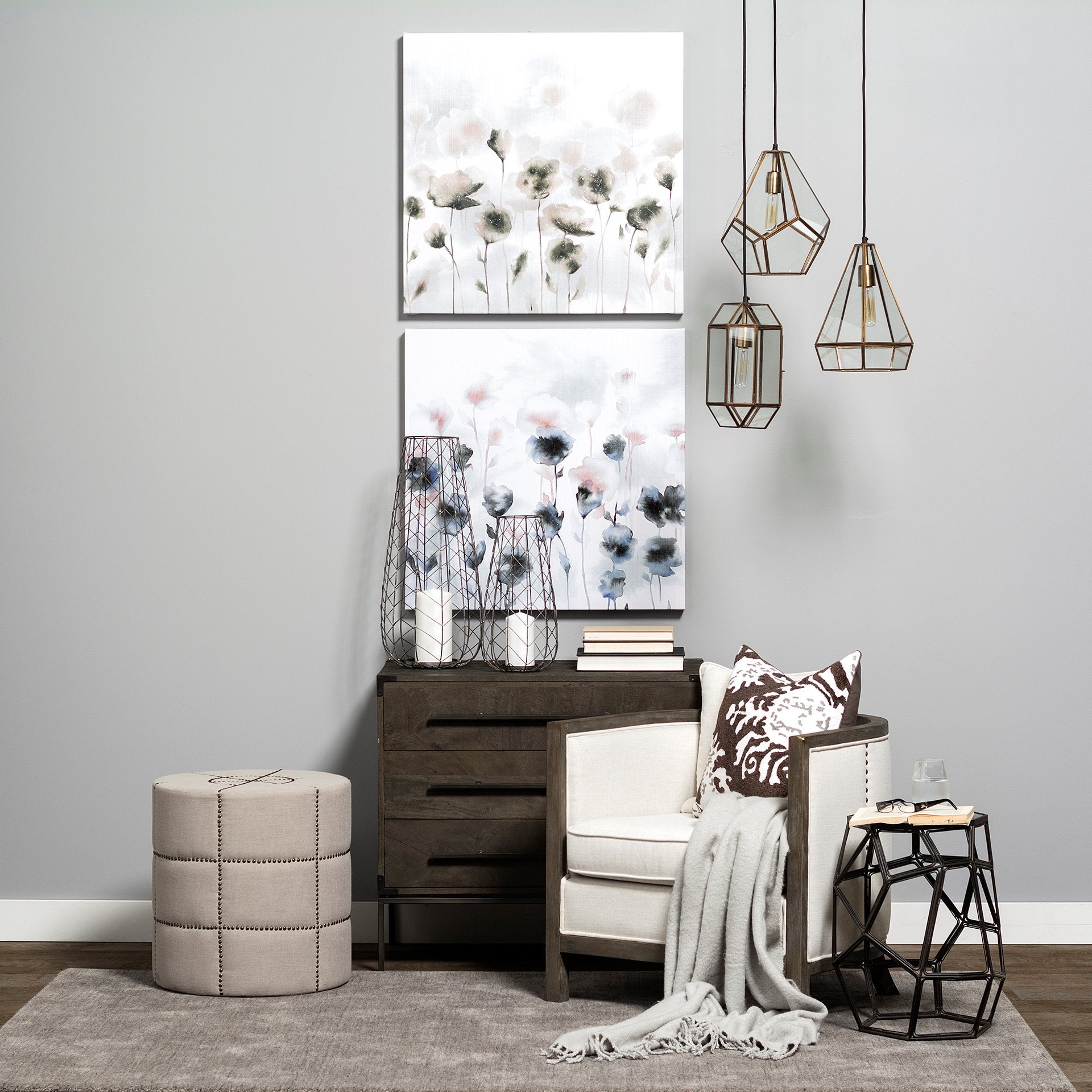Beacon Cream Fabric with Metal Tacks Round Ottoman