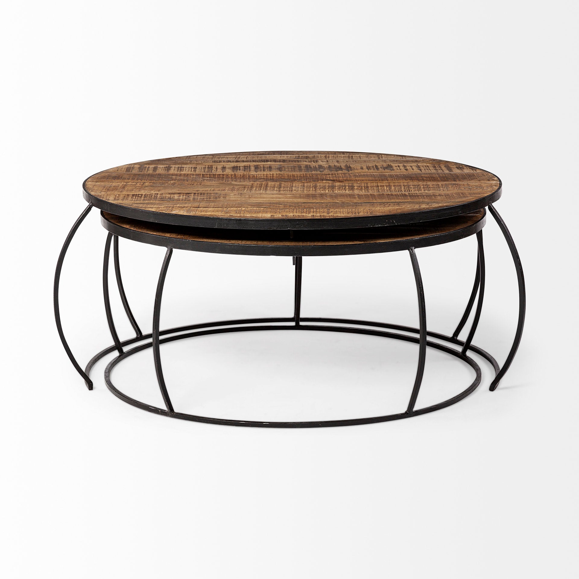 Clapp I Round Brown Wood Top Black Iron Base Nesting Coffee Tables - Set of 2