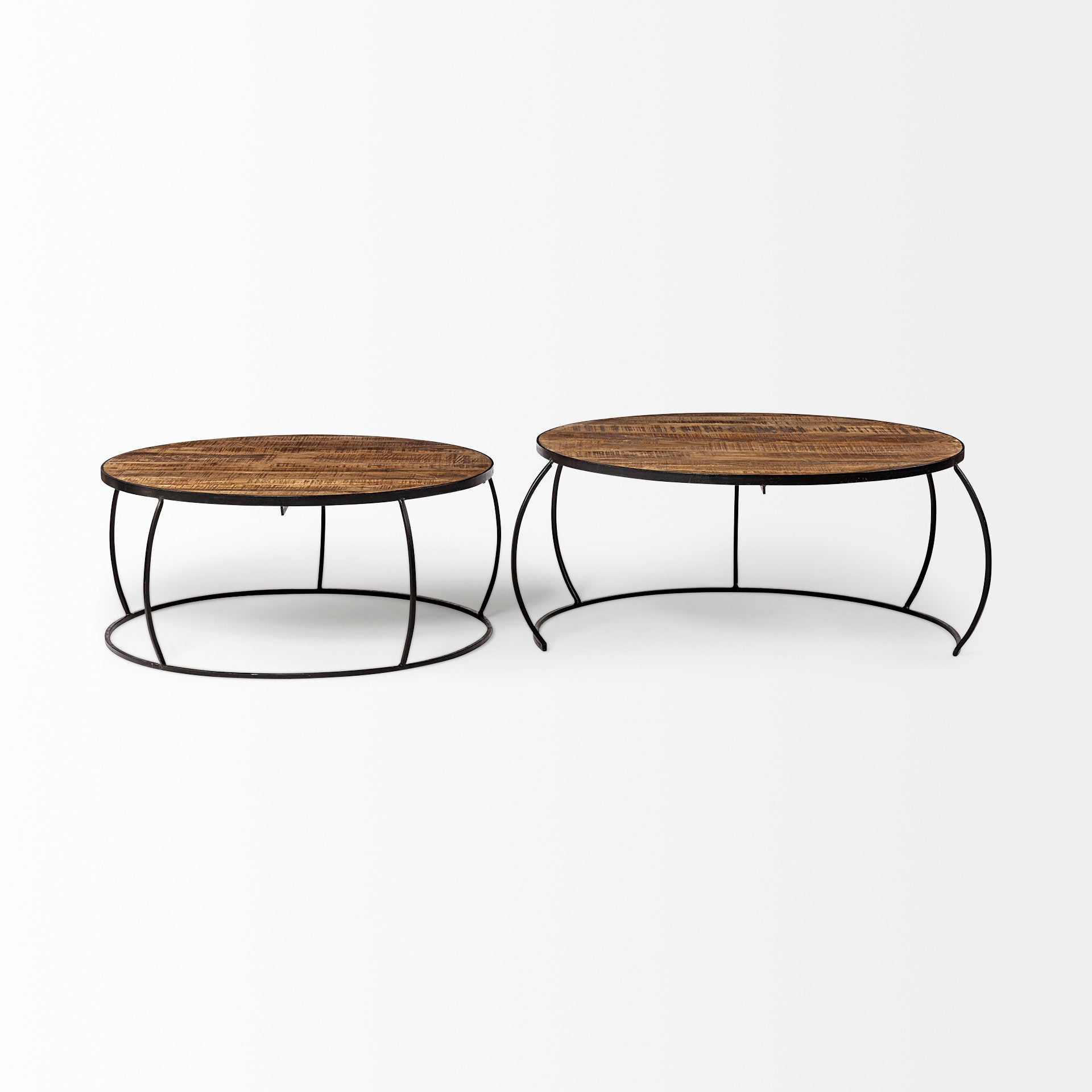 Clapp I Round Brown Wood Top Black Iron Base Nesting Coffee Tables - Set of 2