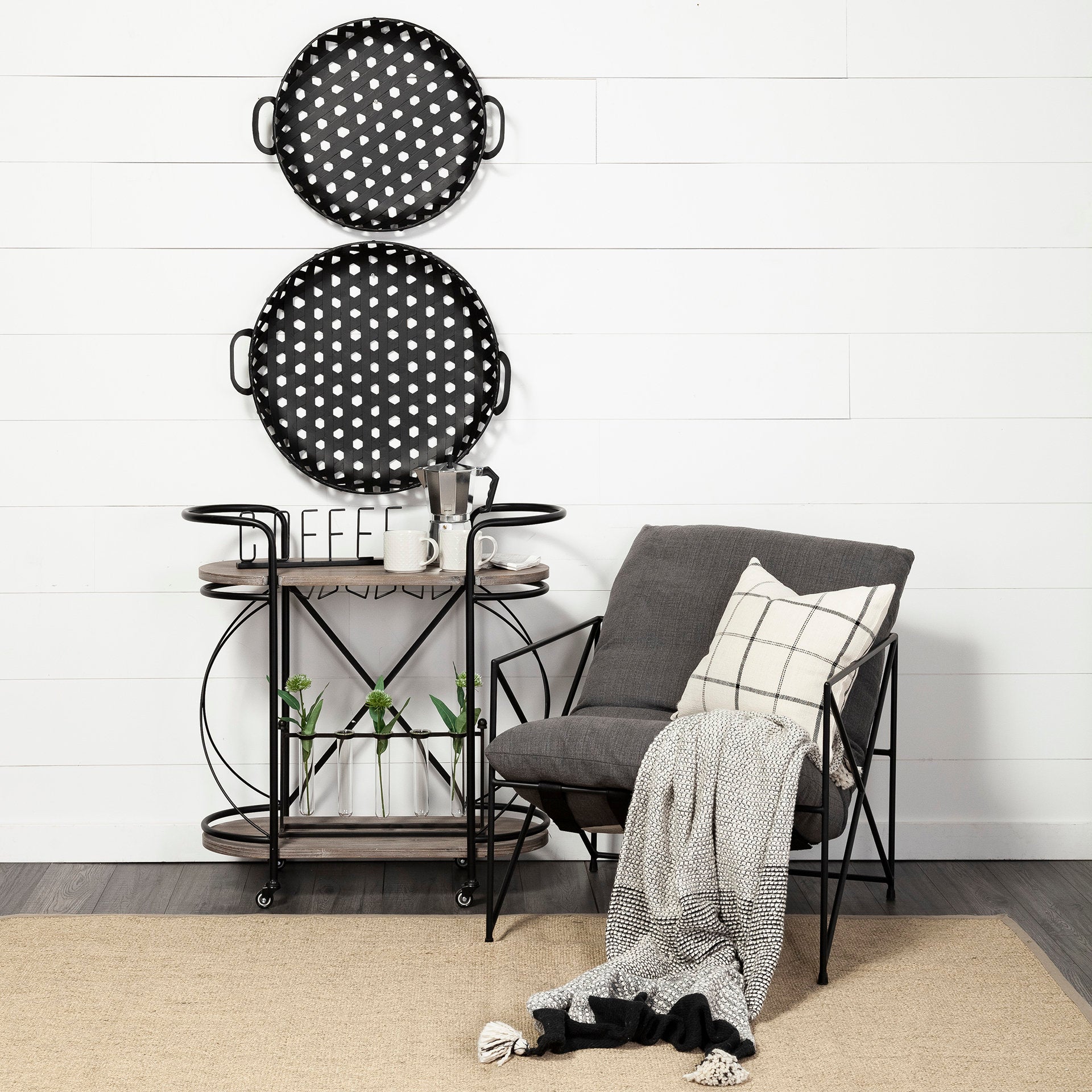 Marlon Black Metal Frame Two Tier Shelves with Stemware holder Bar Cart