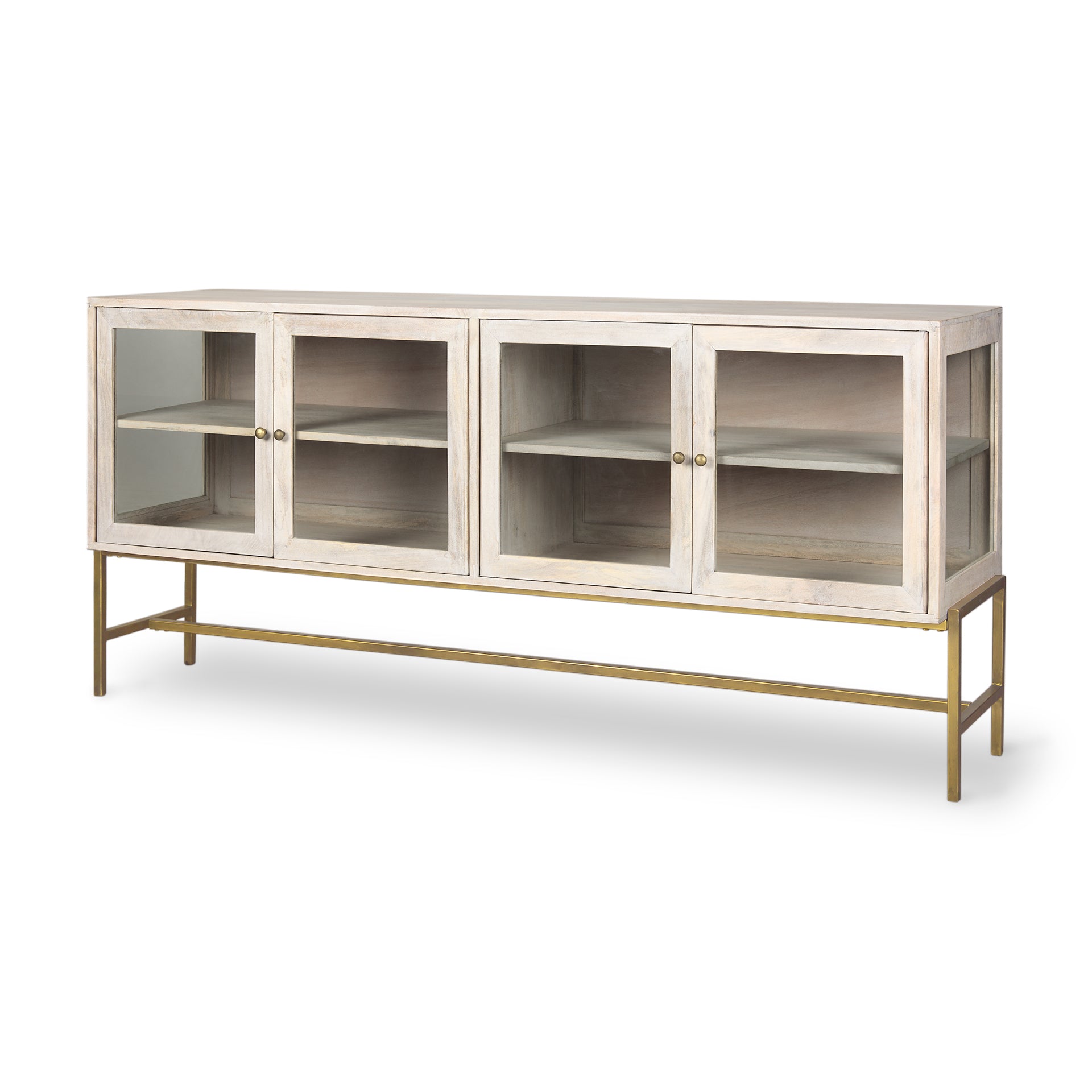 Arelius White Wood with Gold Metal Base 4 Door Glass Cabinet Sideboard