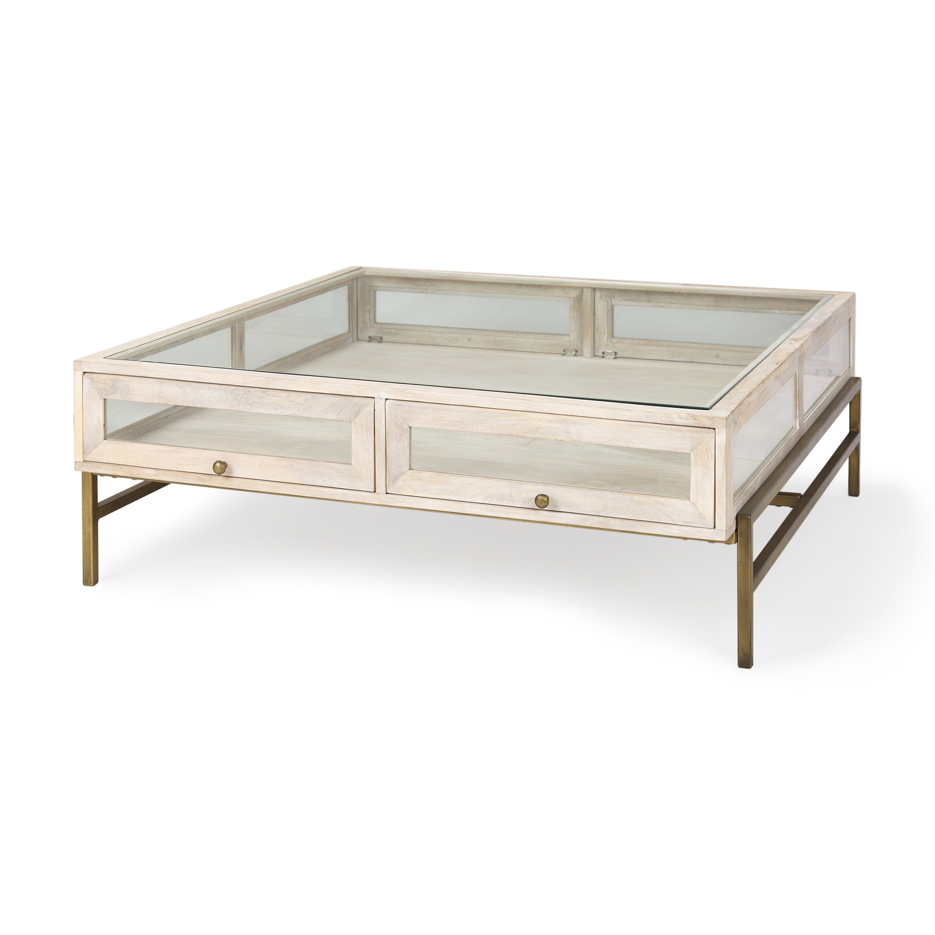 Arelius 42" Square Glass-Top with Metal Base Display Coffee Table