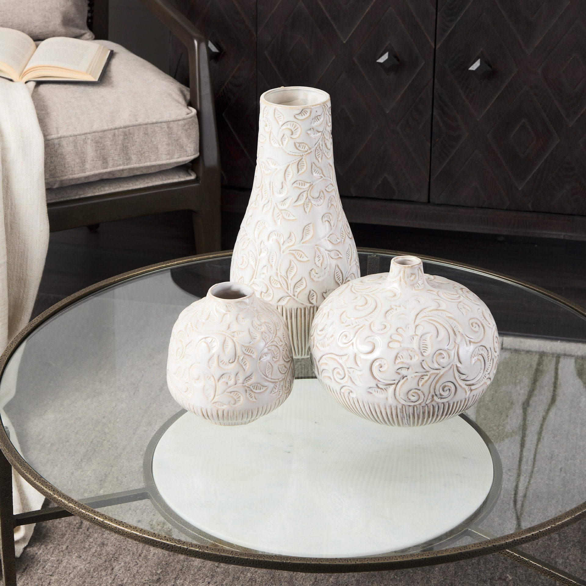 Jadiza II Medium White Glaze Floral Pattern Vase