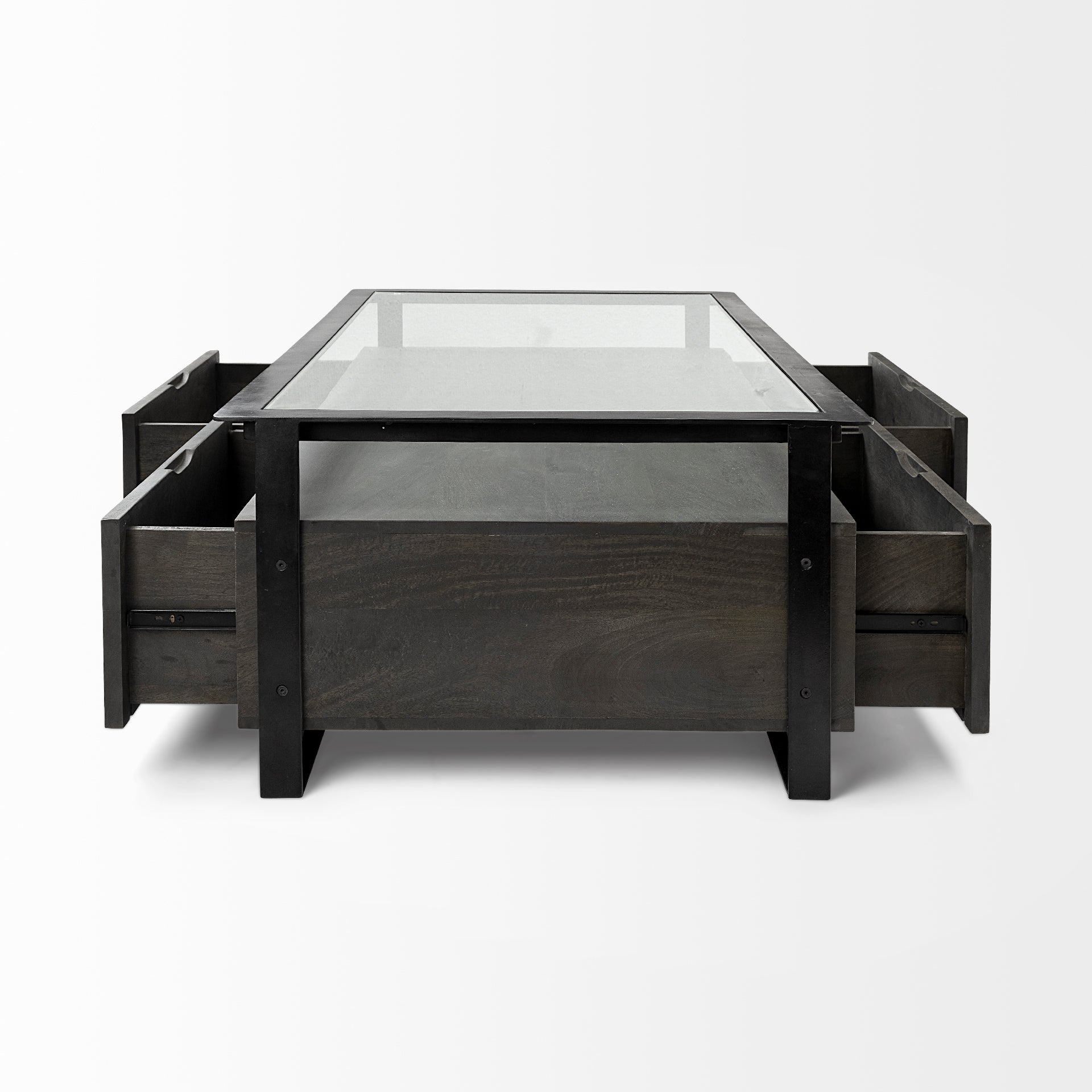 Vidro Rectangular Glass Top Black Solid Wood Drawers & Black Frame Coffee Table