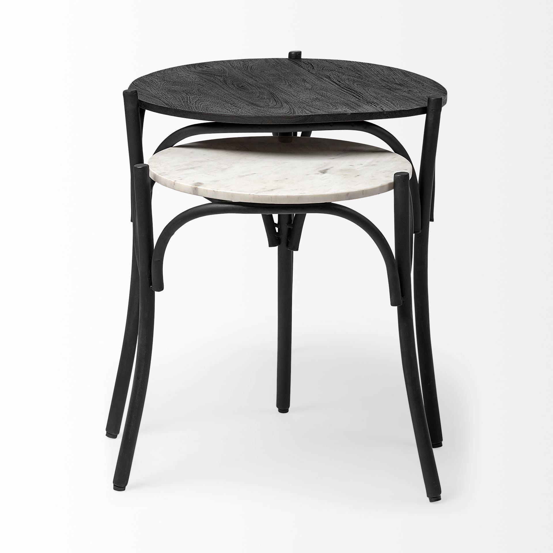 Etienne VII 24" Round Top Black Wood and Marble Top Nesting Table - Set of Two