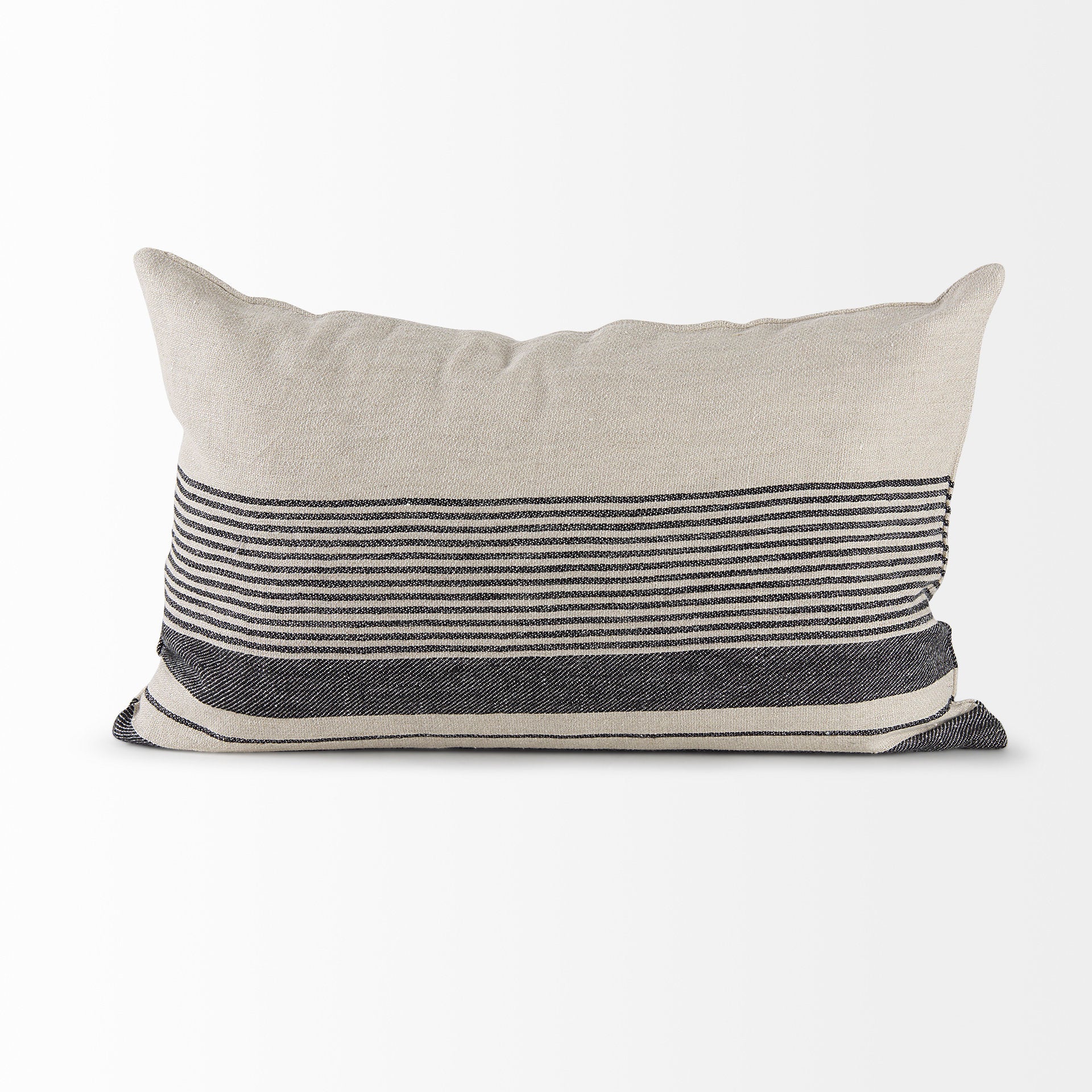 Thalia Black and Beige Fabric Striped and Fringed Decorative Pillow Cover