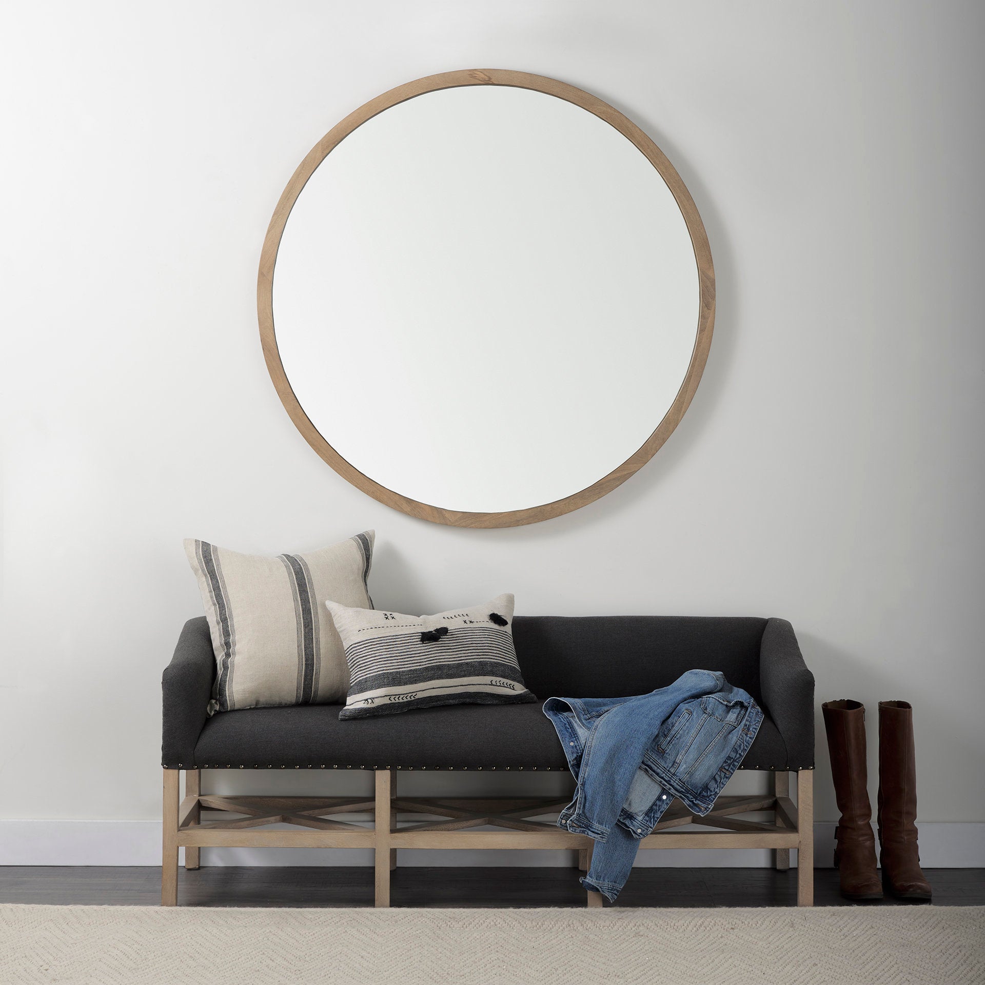 Bergen Dark Gray Fabric with Light Brown Wooden Base Accent Bench