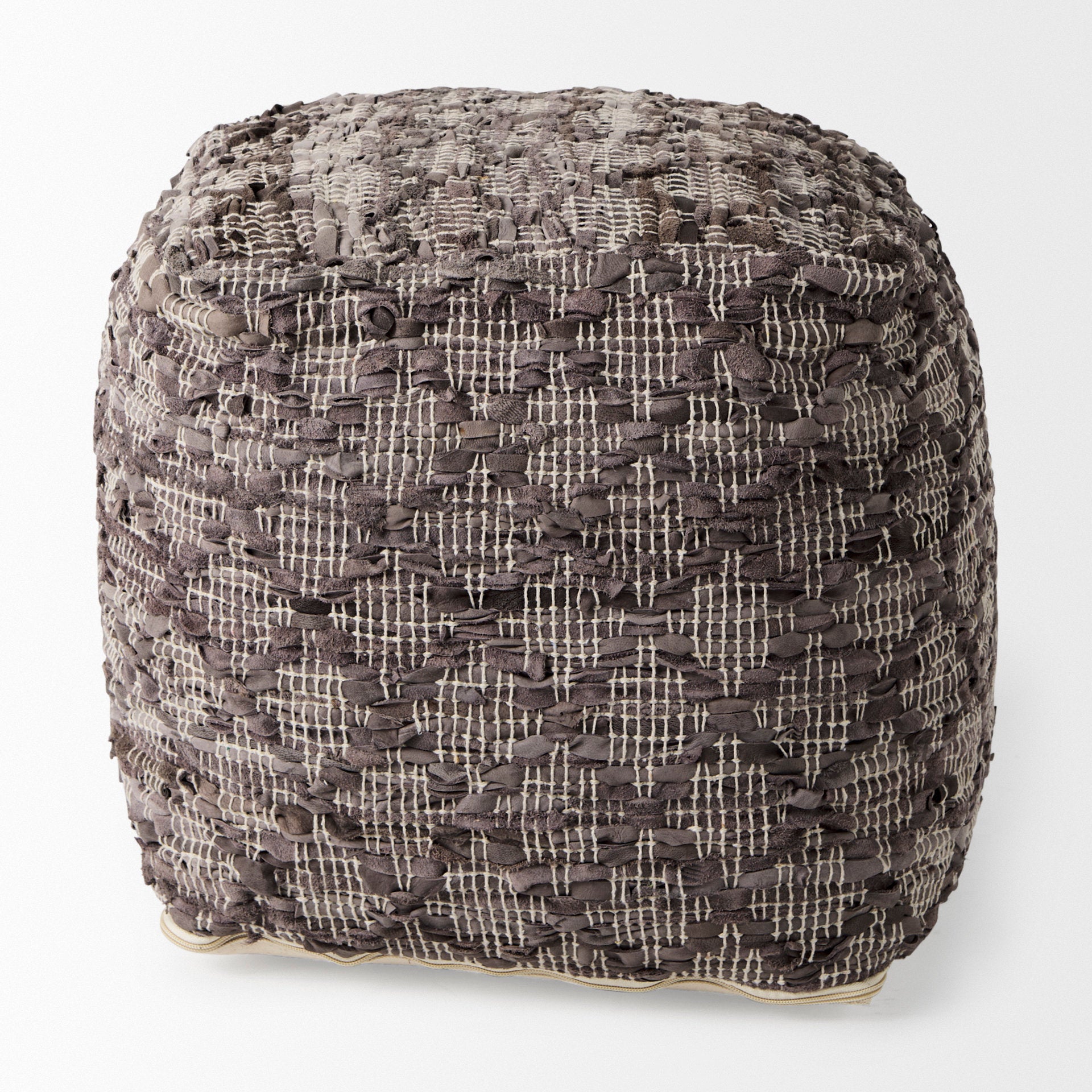 Falguni Gray Leather and Cotton Patterned Pouf