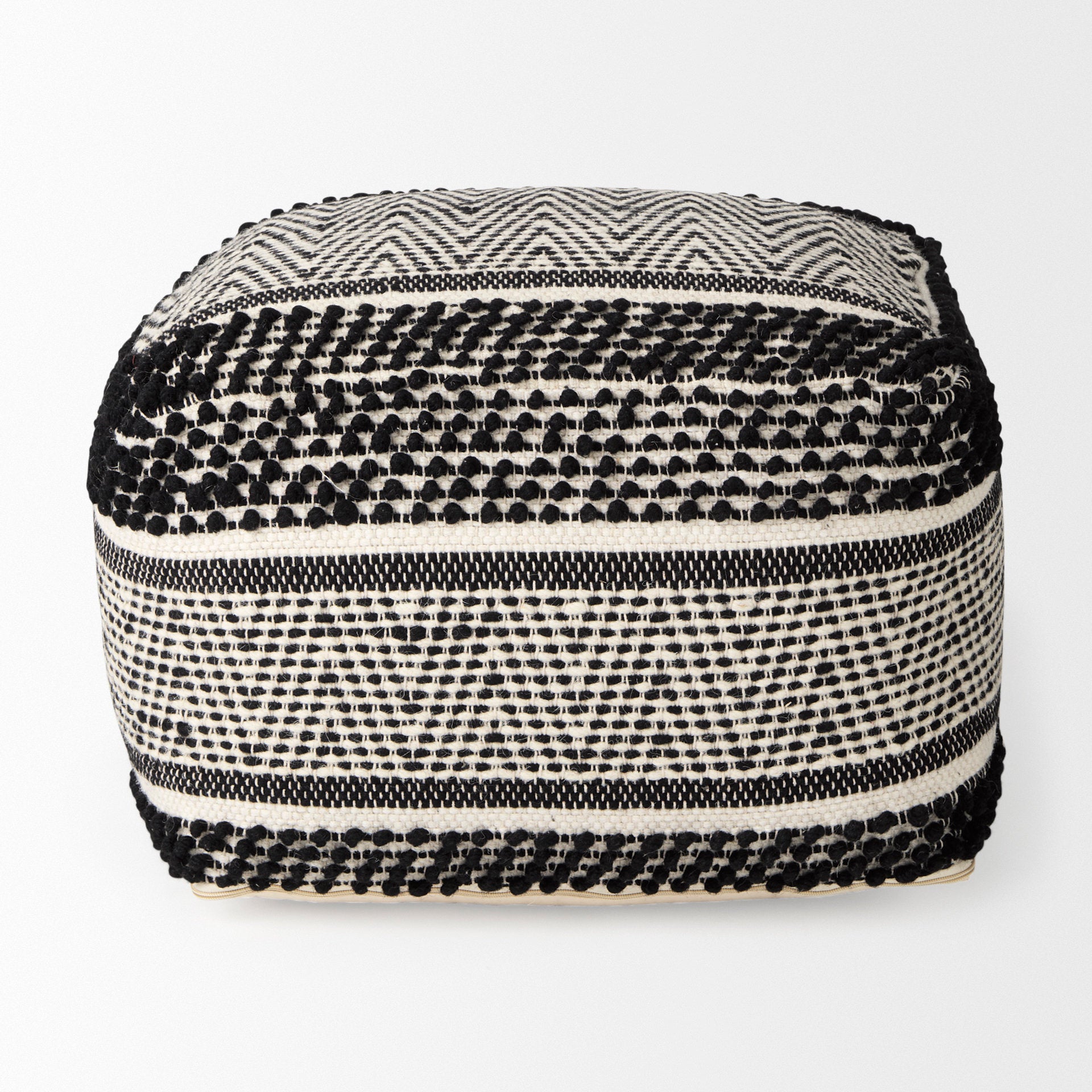 Garima Black/White Wool and Cotton Patterned Pouf