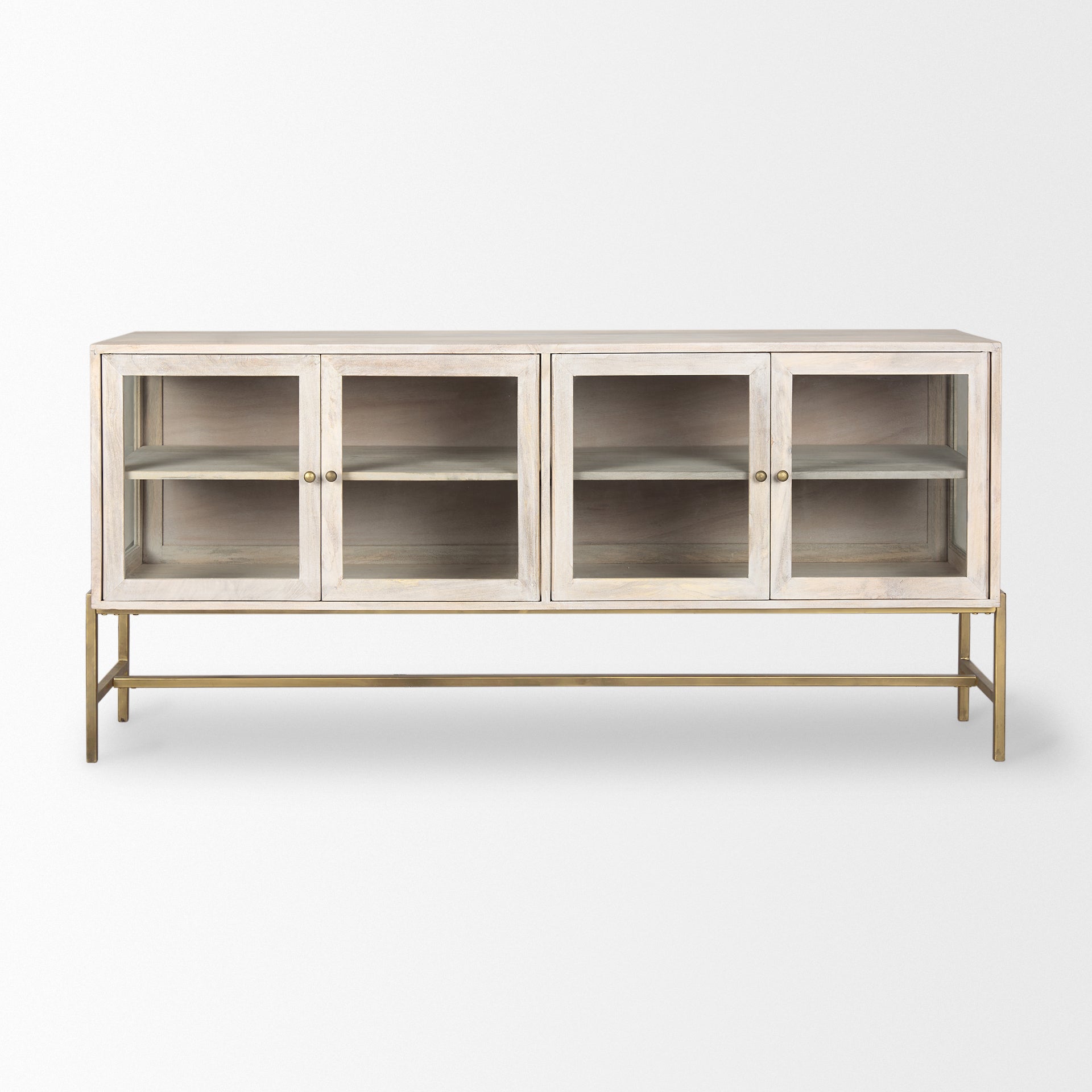 Arelius White Wood with Gold Metal Base 4 Door Glass Cabinet Sideboard
