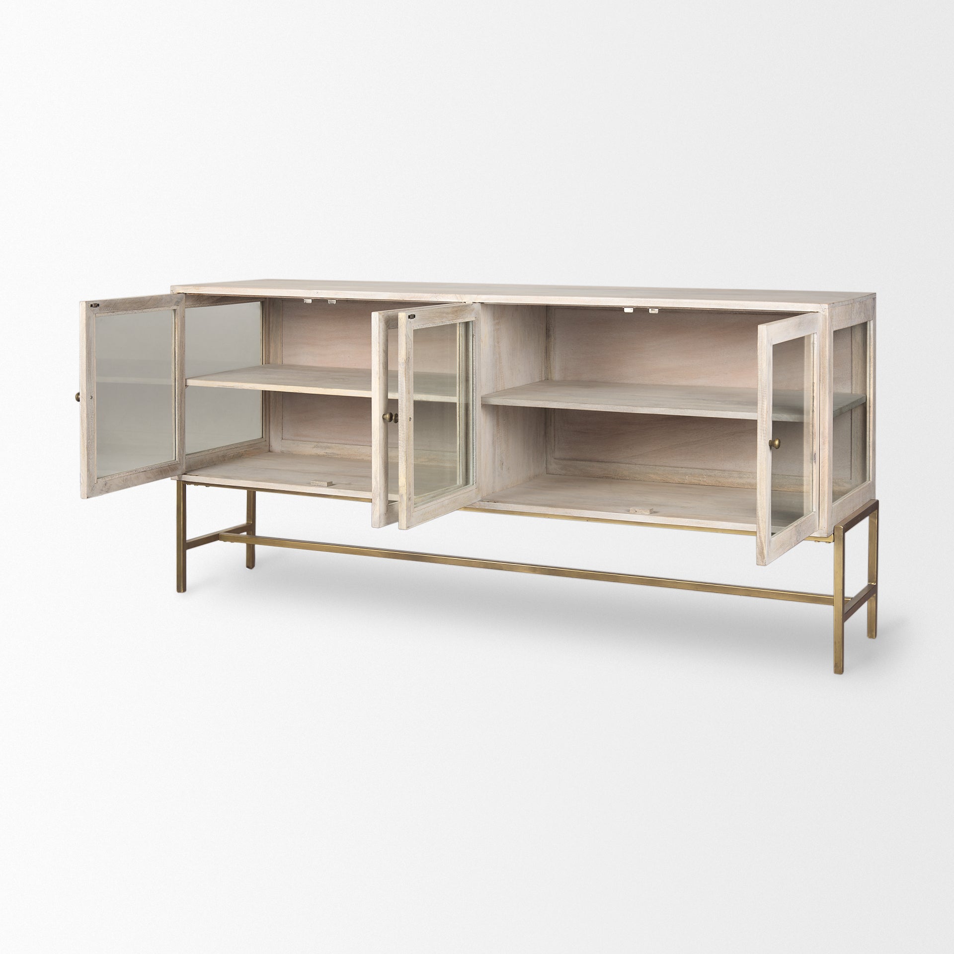 Arelius White Wood with Gold Metal Base 4 Door Glass Cabinet Sideboard