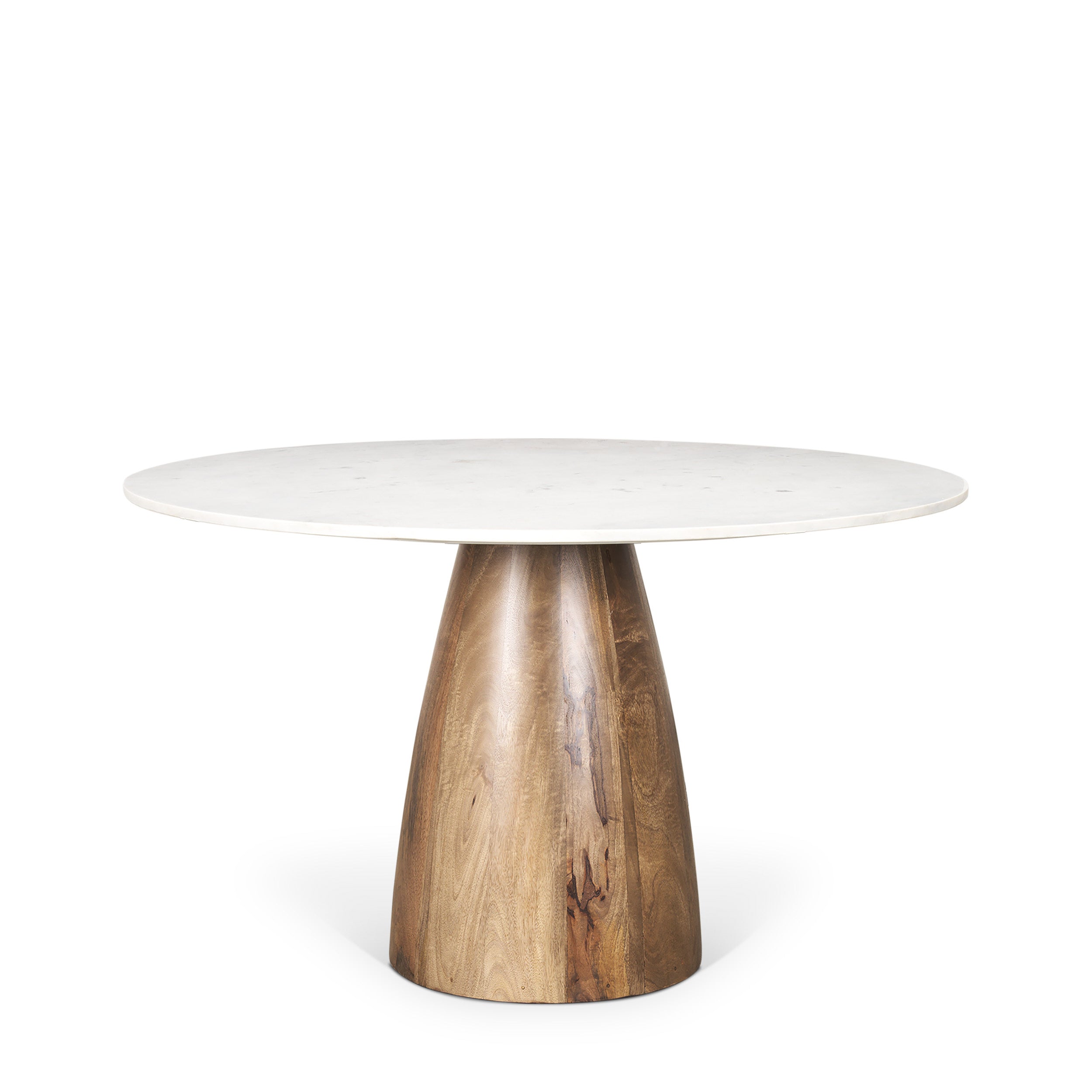 Allyson Round Brown Wood Pedestal with Banswara White Marble Top Dining Table