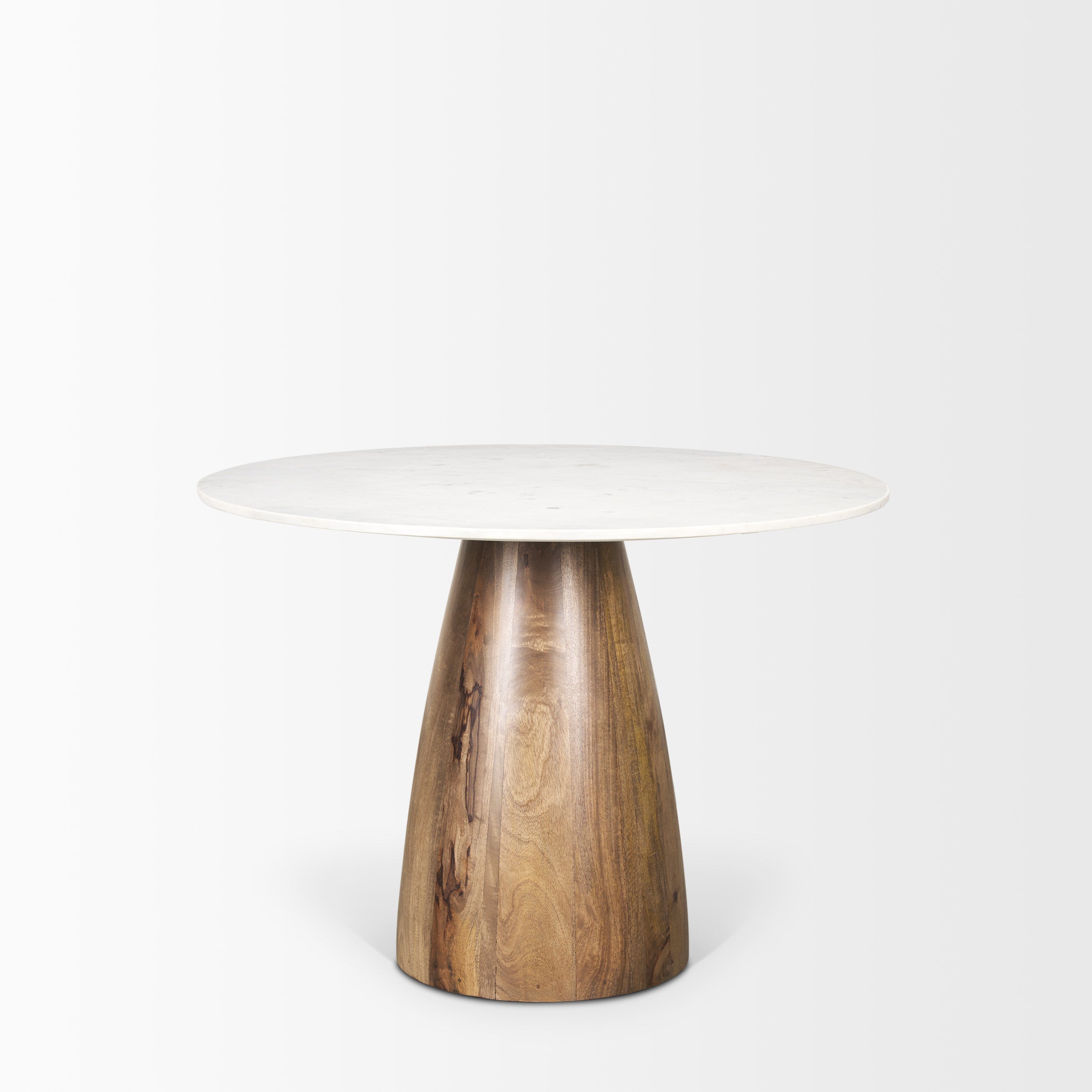 Allyson Round Brown Wood Pedestal with Banswara White Marble Top Dining Table