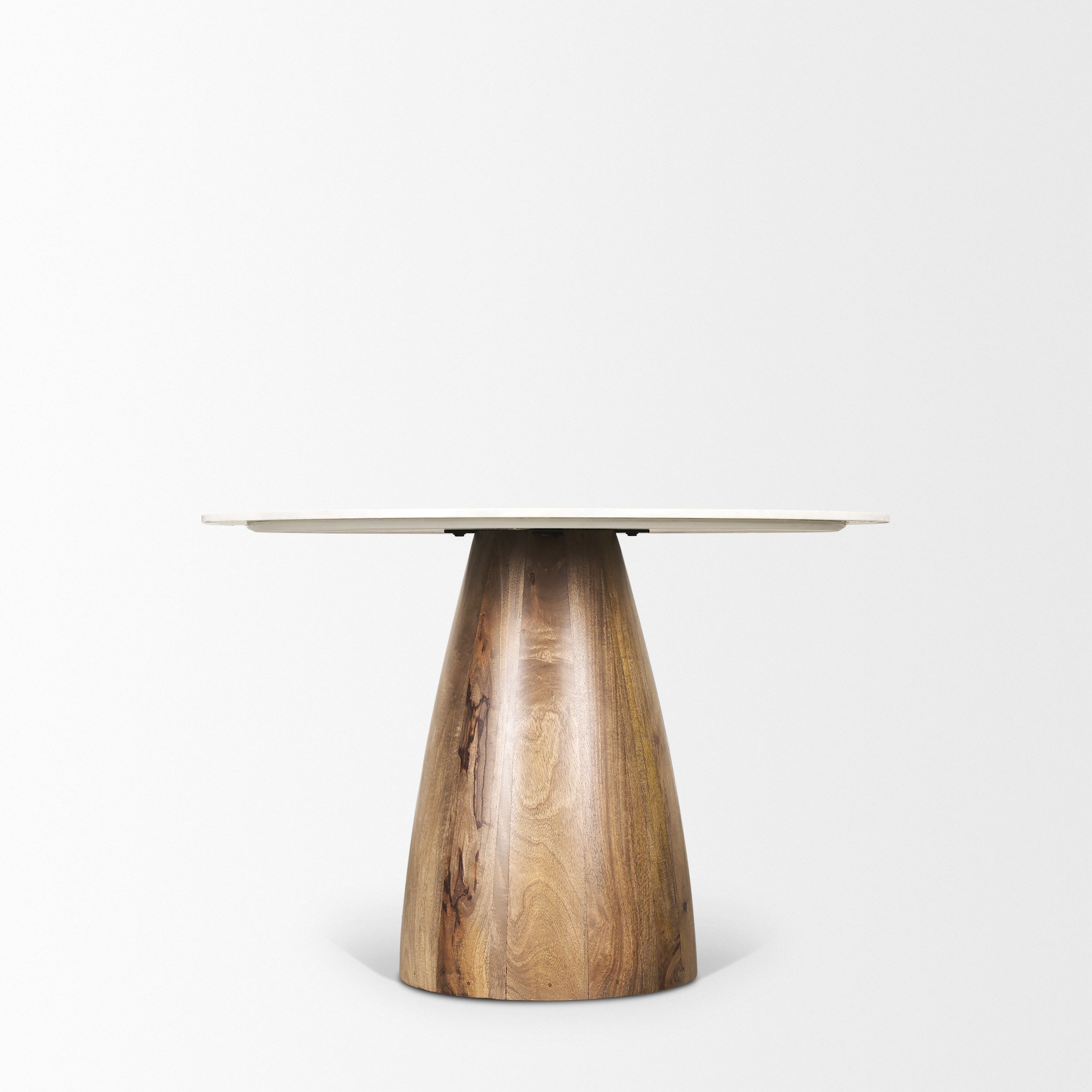 Allyson Round Brown Wood Pedestal with Banswara White Marble Top Dining Table