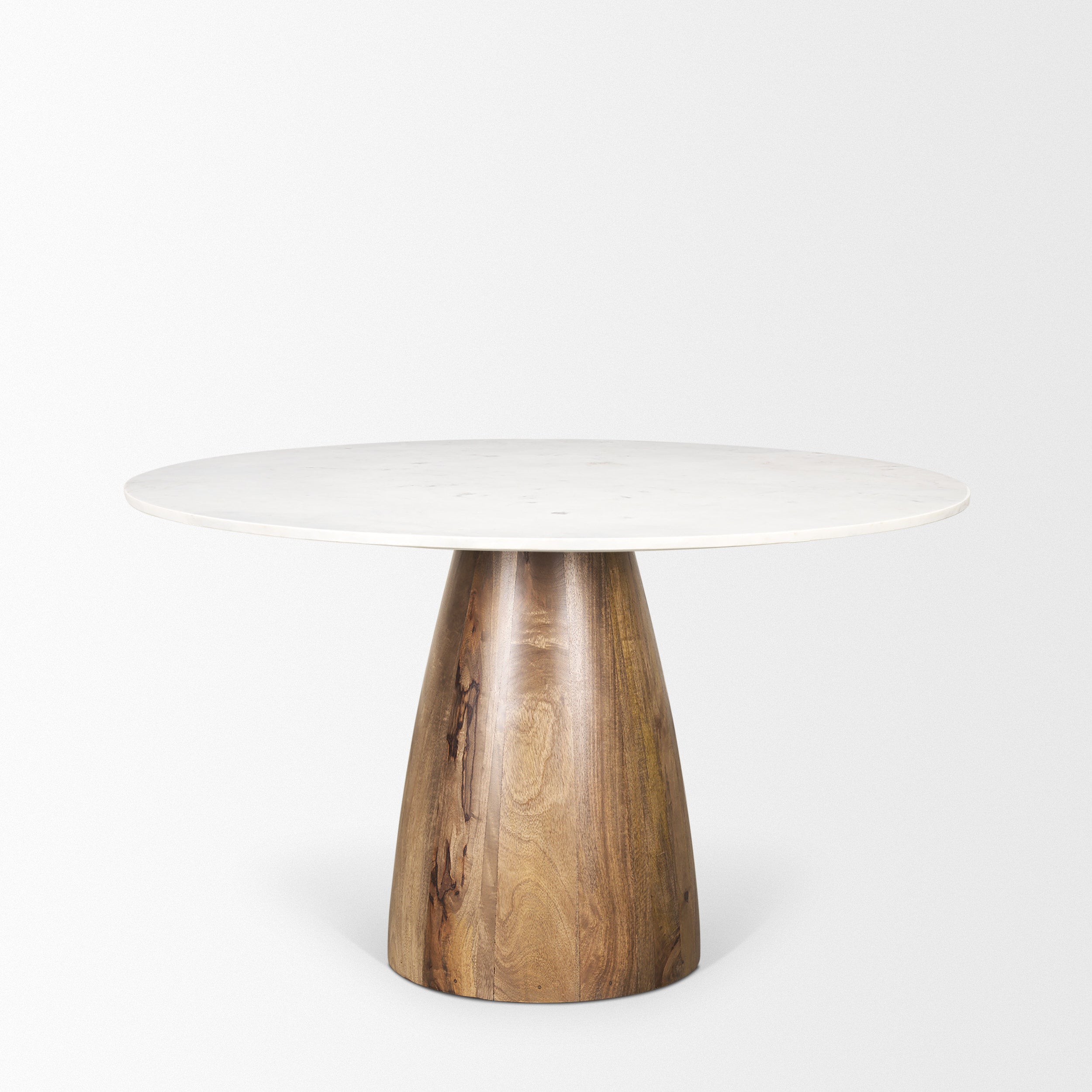 Allyson Round Brown Wood Pedestal with Banswara White Marble Top Dining Table
