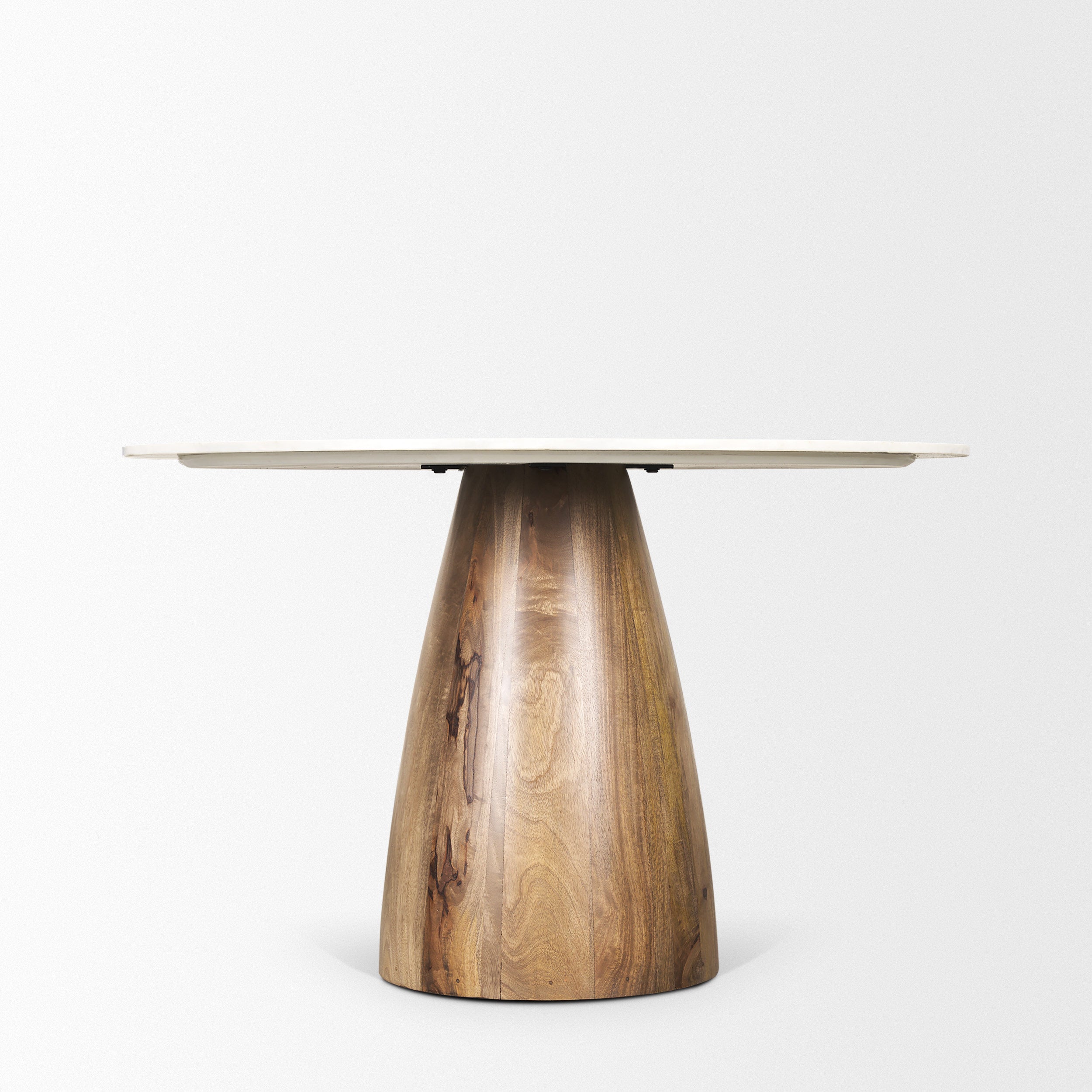 Allyson Round Brown Wood Pedestal with Banswara White Marble Top Dining Table