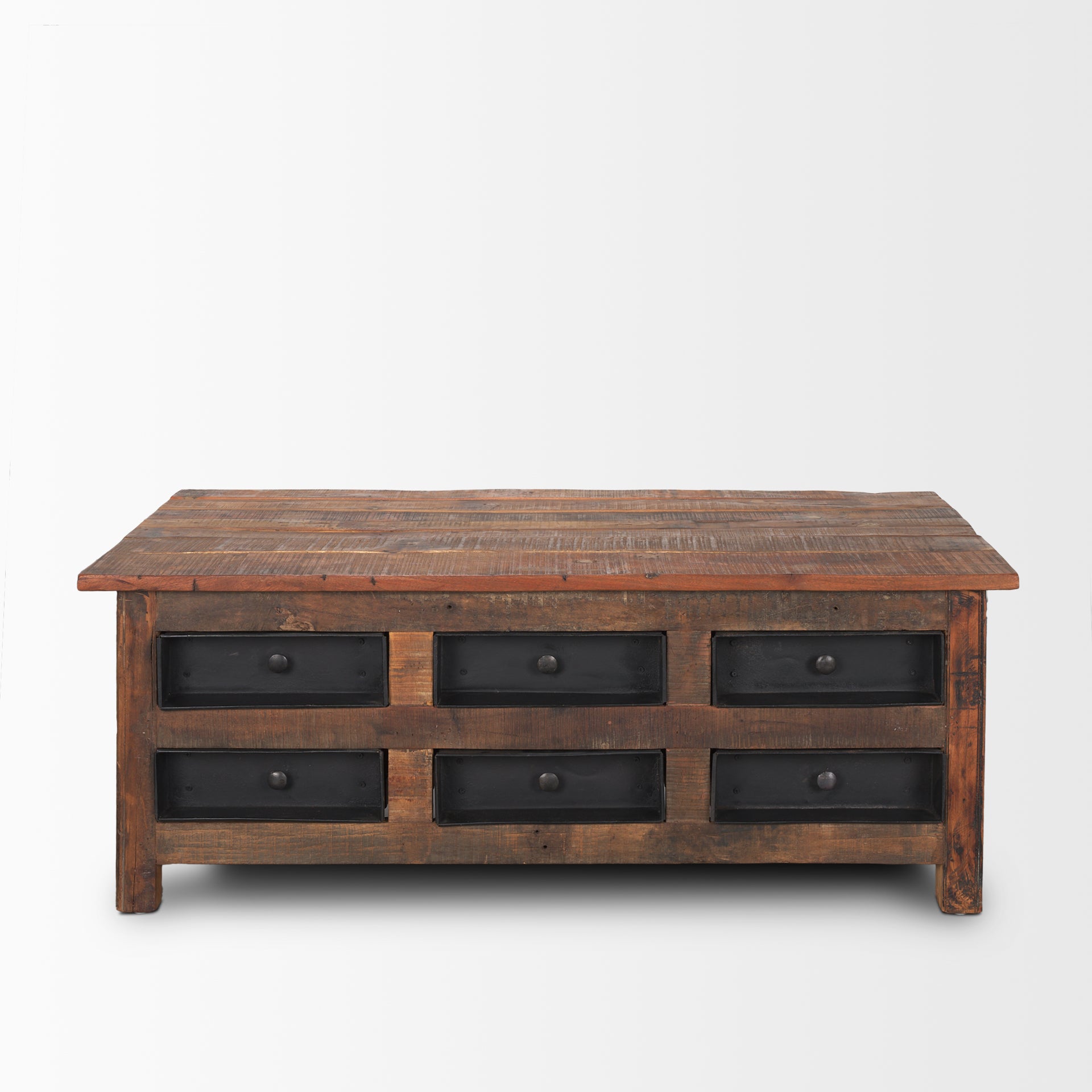 Wilton Brown Wood with 12 Black Metal Drawers Coffee Table