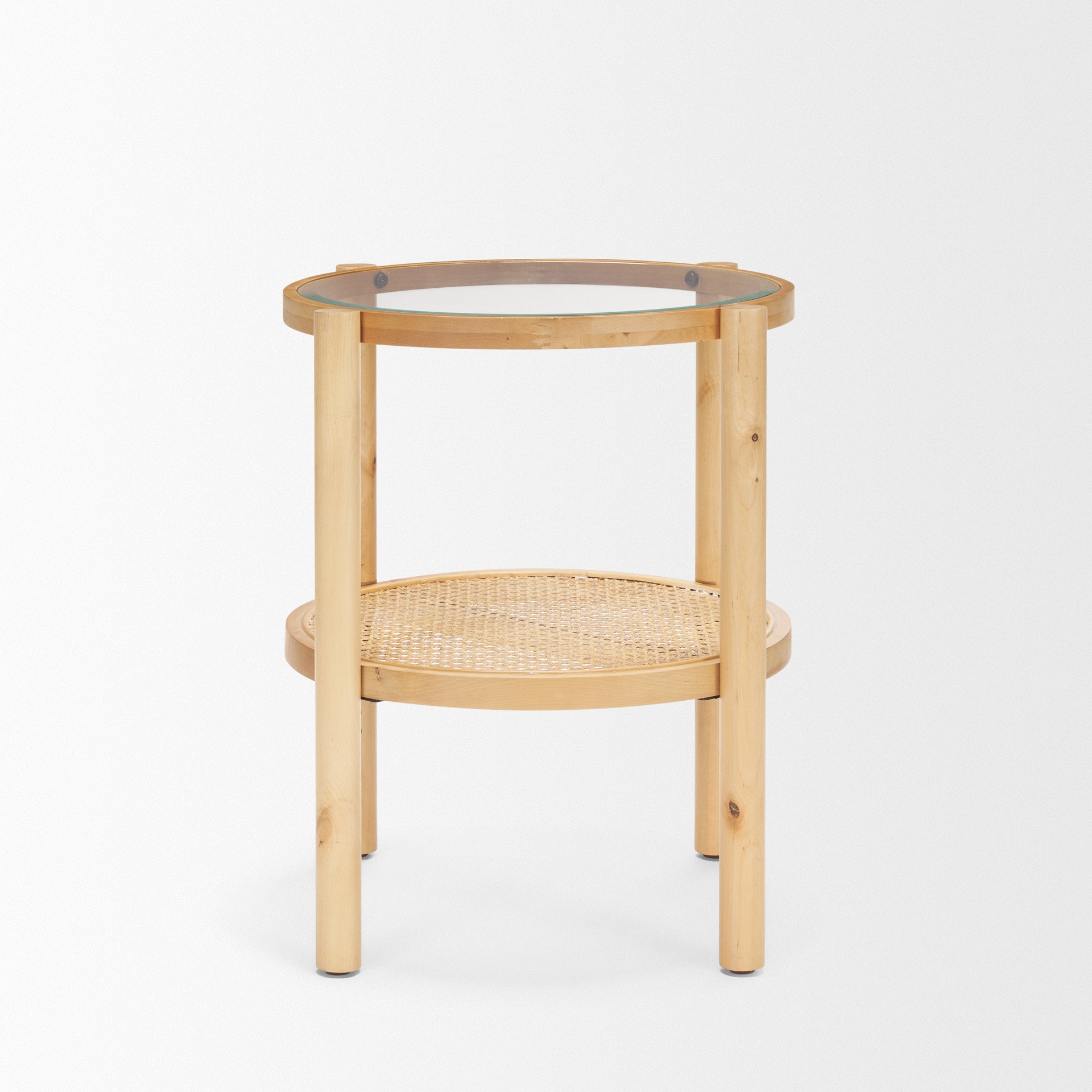 Weslyn Solid Light Brown Wood and Glass Top with Cane Side Table