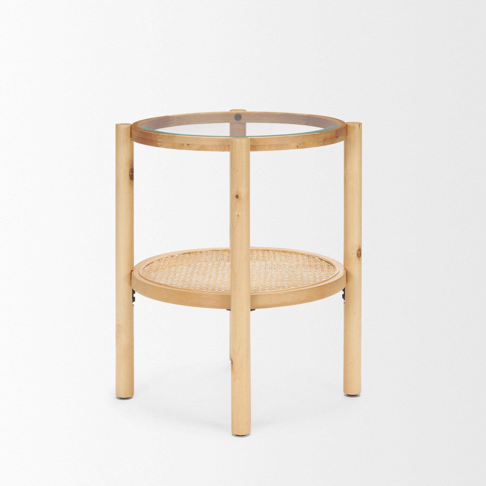 Weslyn Solid Light Brown Wood and Glass Top with Cane Side Table