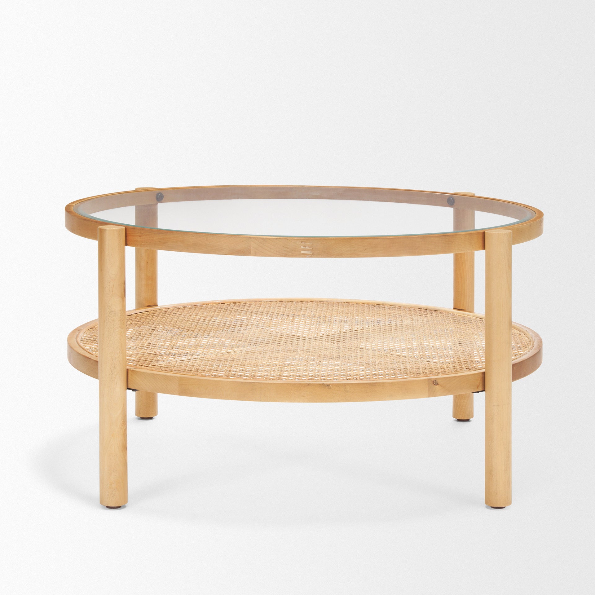 Weslyn Solid Light Brown Wood and Glass Top with Cane Coffee Table