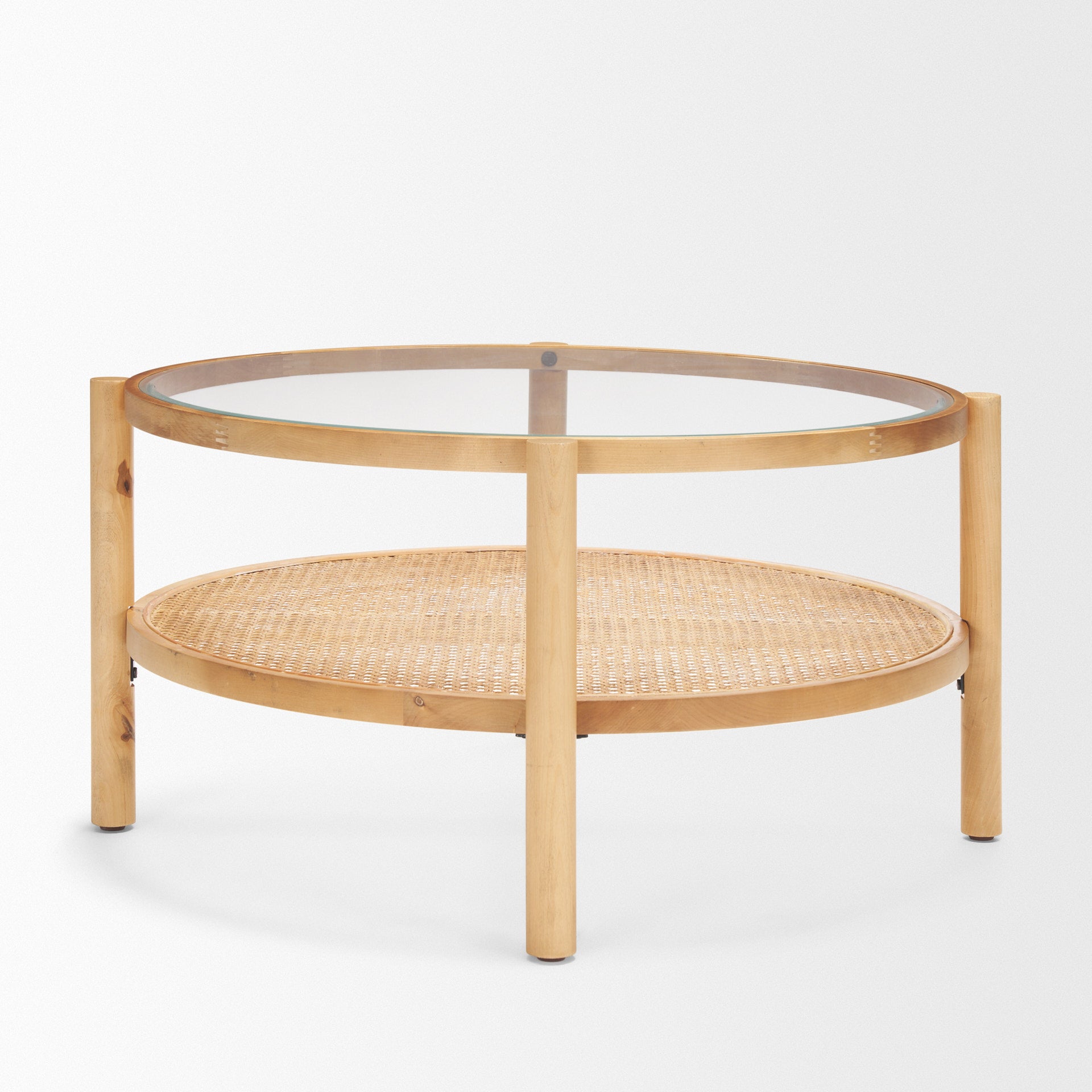 Weslyn Solid Light Brown Wood and Glass Top with Cane Coffee Table