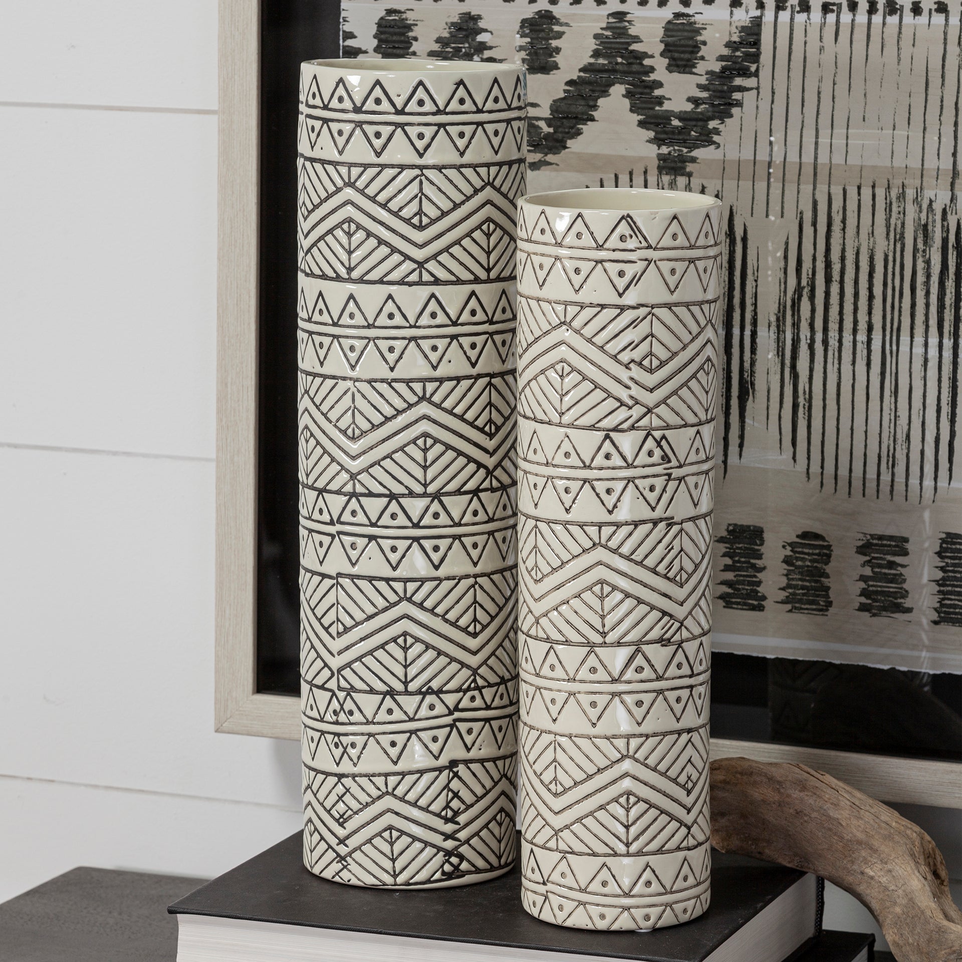 Uhura Cream Black Patterned Cylindrical Vase