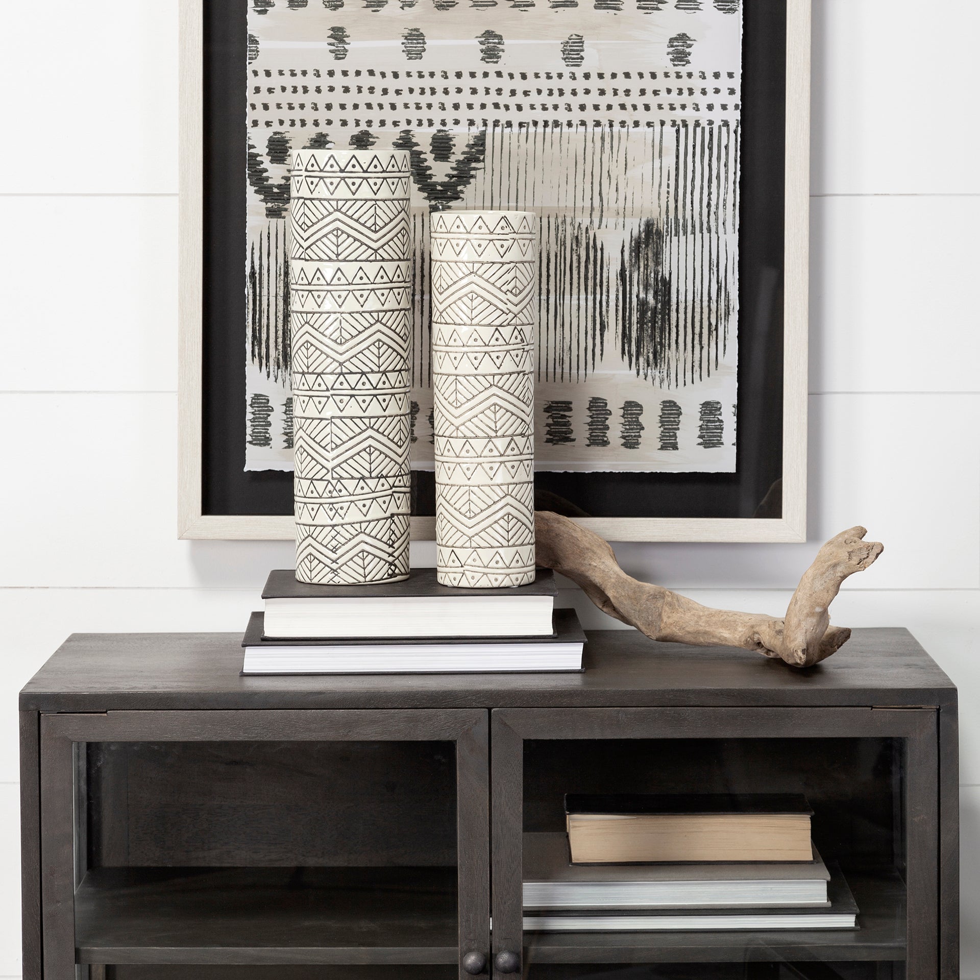 Uhura Cream Black Patterned Cylindrical Vase
