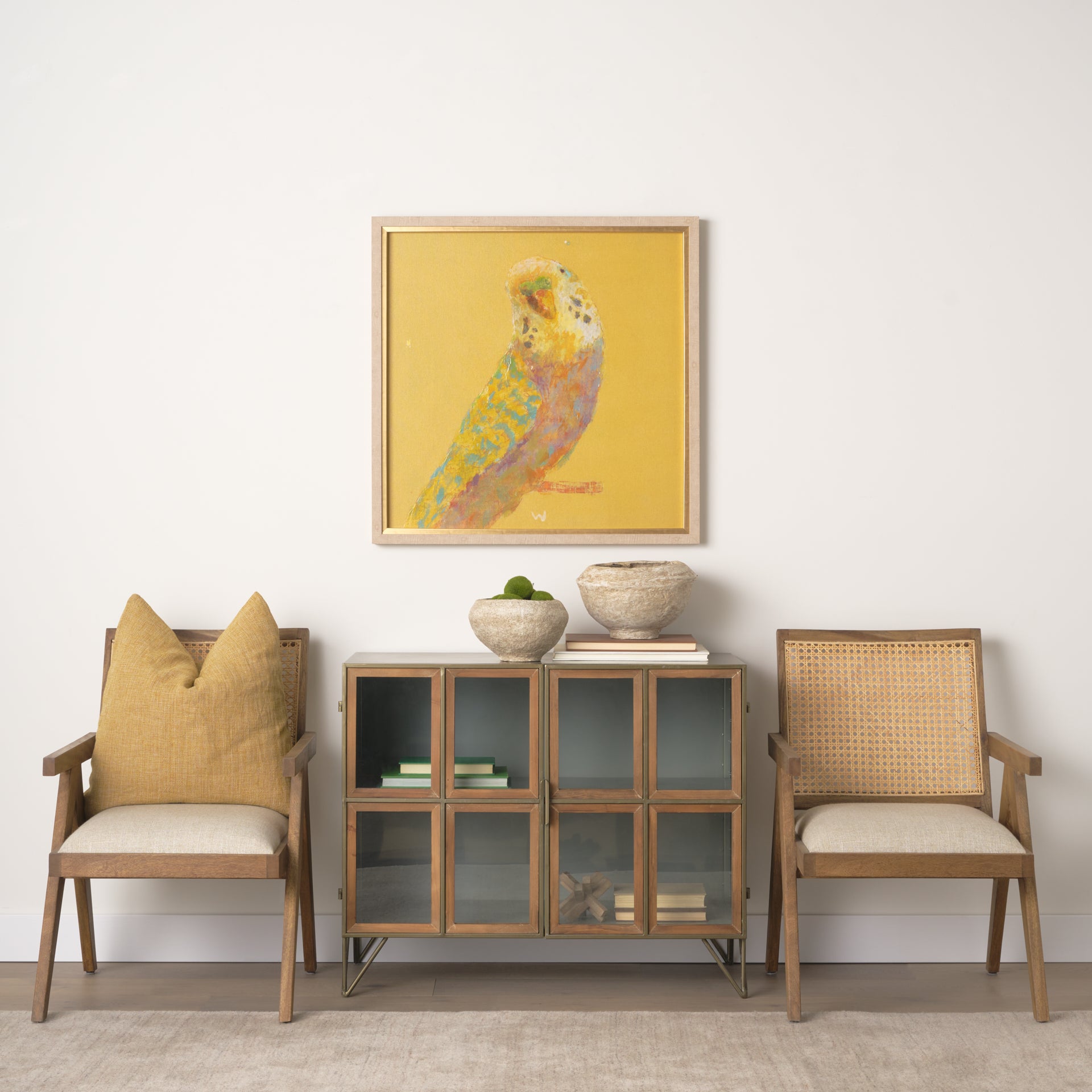 Donna Light Brown Wood Cane-Back with Beige Upholstered Seat Dining Chair