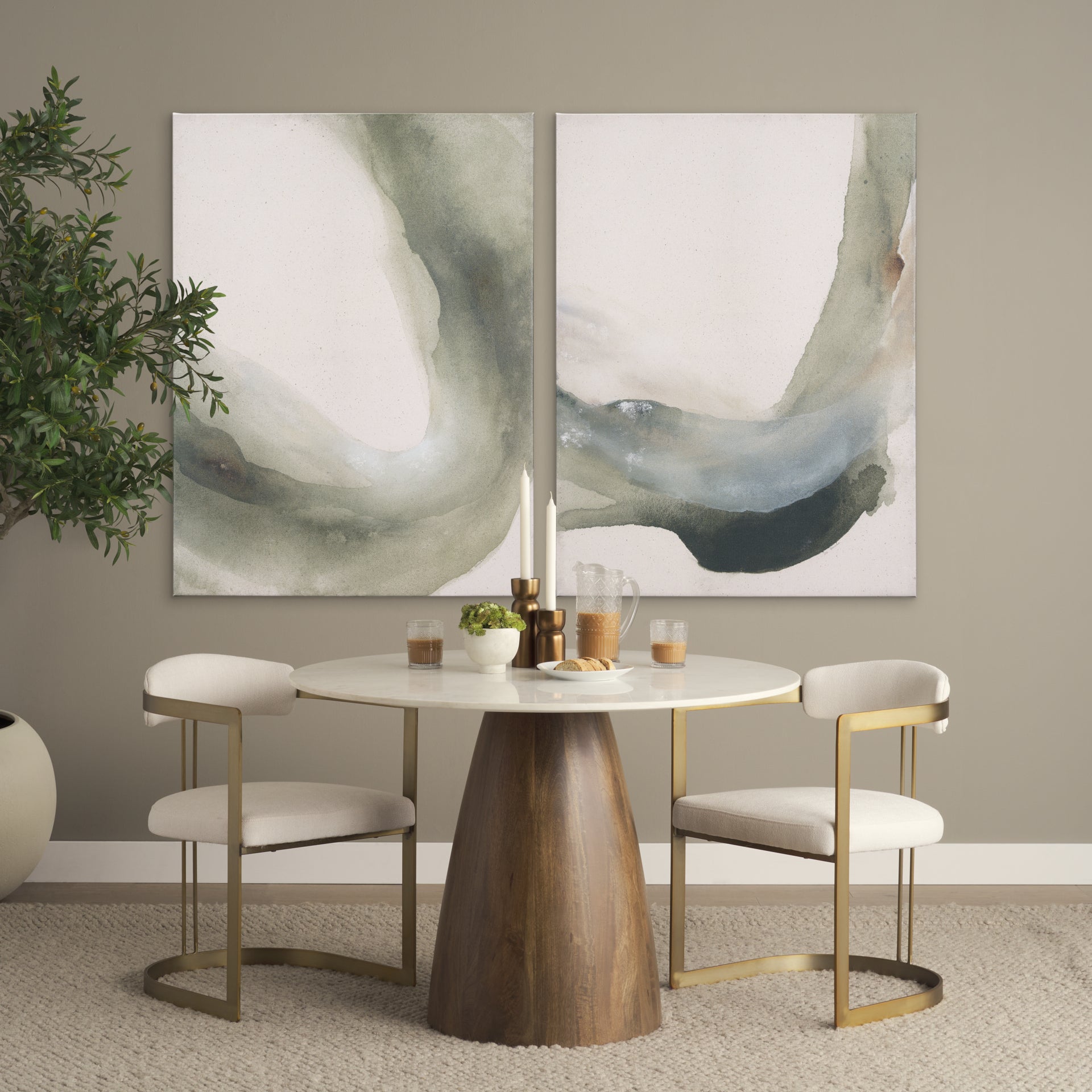 Allyson Round Brown Wood Pedestal with Banswara White Marble Top Dining Table