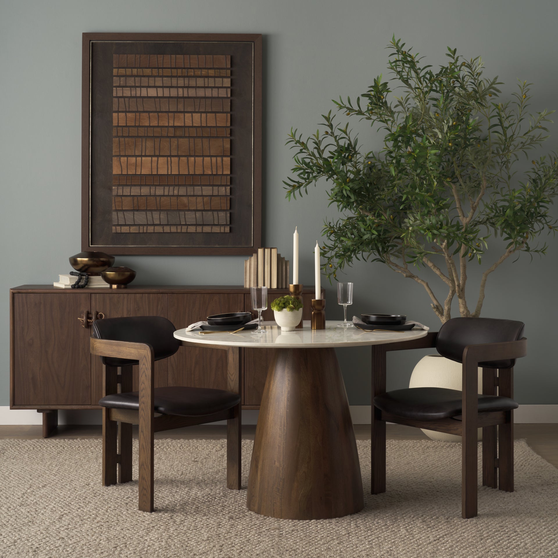 Allyson Round Brown Wood Pedestal with Banswara White Marble Top Dining Table